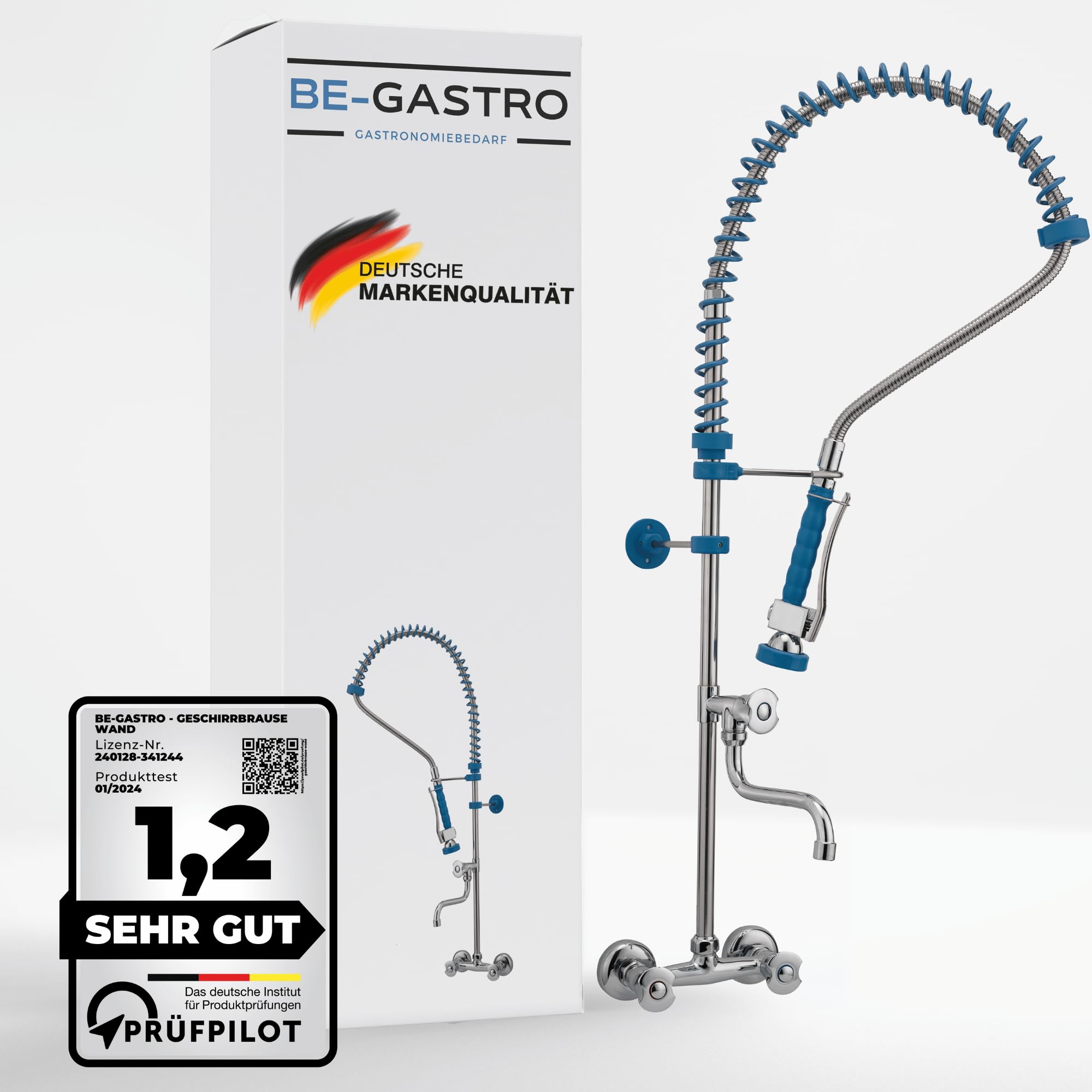 BE-GASTRO I Grifo Industrial Hostelería - Grifo de pared con dos orificios (incluye grifo, grifo mezclador y mango giratorio ergonómico), color azul