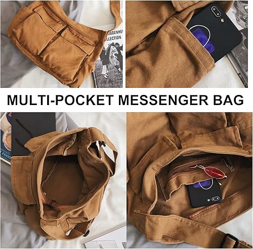 Miniatura 3 de Bolso mensajero de lona grande, bolso cruzado tipo hobo para mujeres y hombres, bolsa de hombro con múltiples bolsillos, bolsa de mensajero de lona,