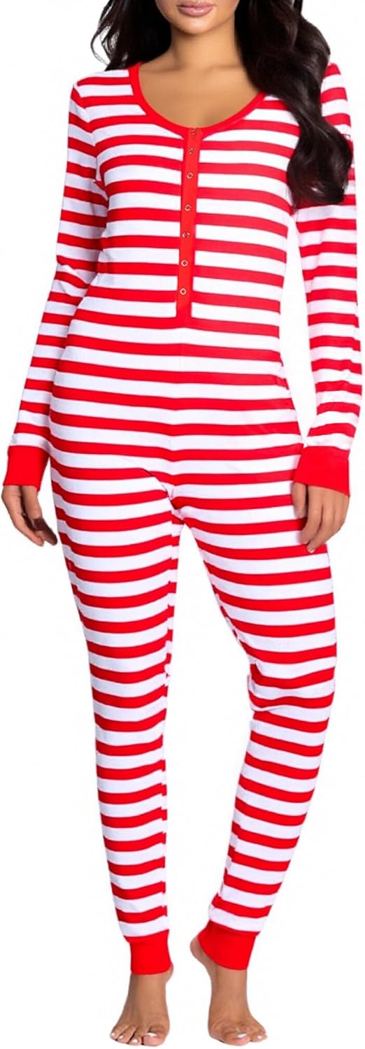 NUFIWI Women Striped Christmas Pajamas Button Down V Neck Jumpsuit Bodycon Long Sleeve One Piece Sleepwear - Image 2