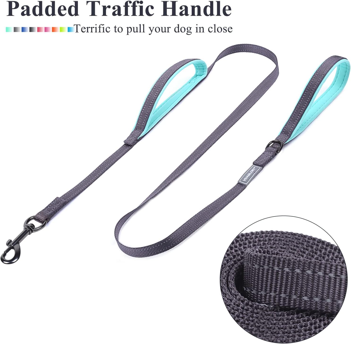 VIVAGLORY Dog Training Leash with Double Padded Handle, Heavy Duty 6ft Long Nylon Reflective Safety Traffic Handle Leash Walking Lead for Small to Medium Dogs, Grey
