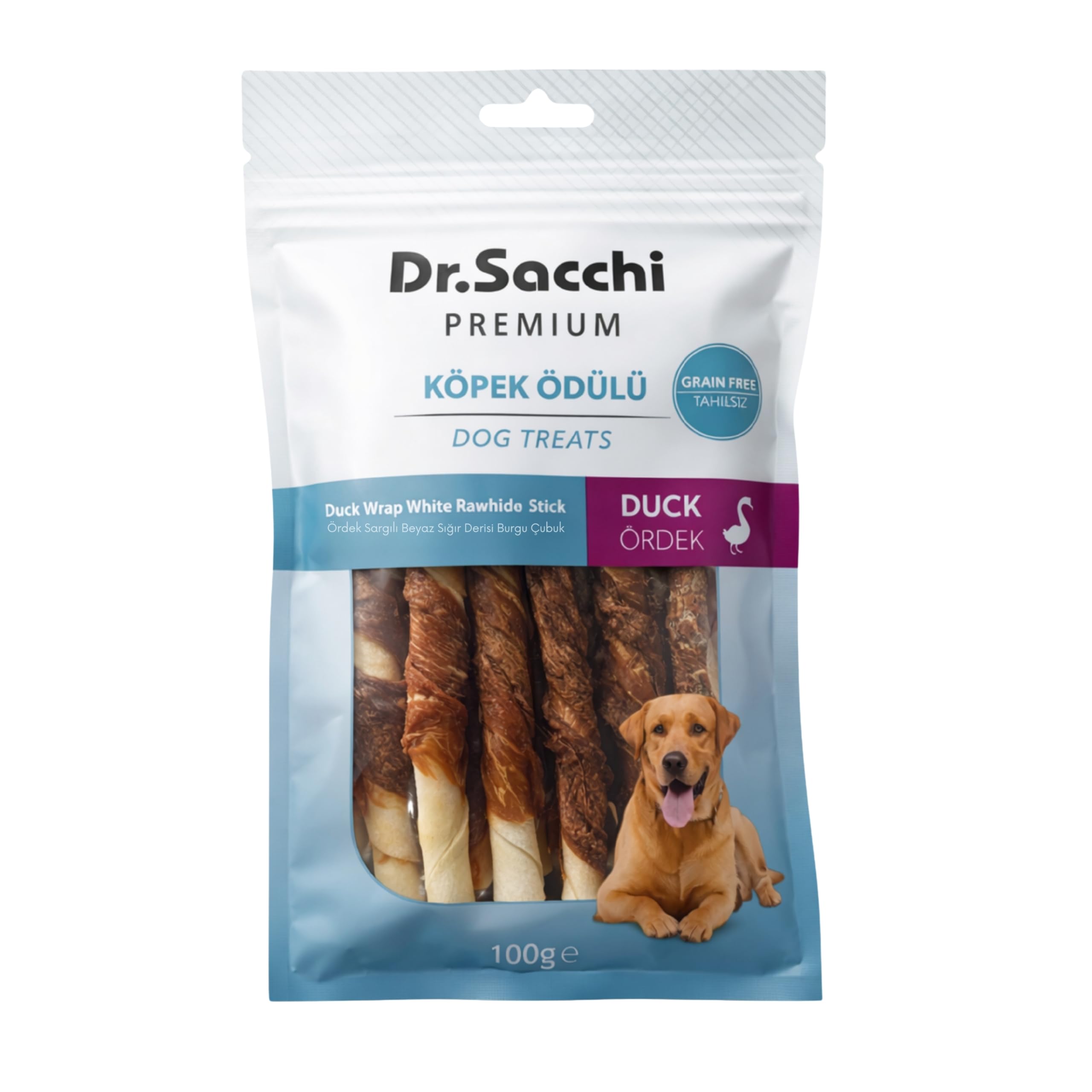 Dr.Sacchi Premium Ördek Sargılı Beyaz Sığır Derisi Burgu Çubuk Tahılsız Köpek Ödülü 5" 9-11 Gr 10'lu