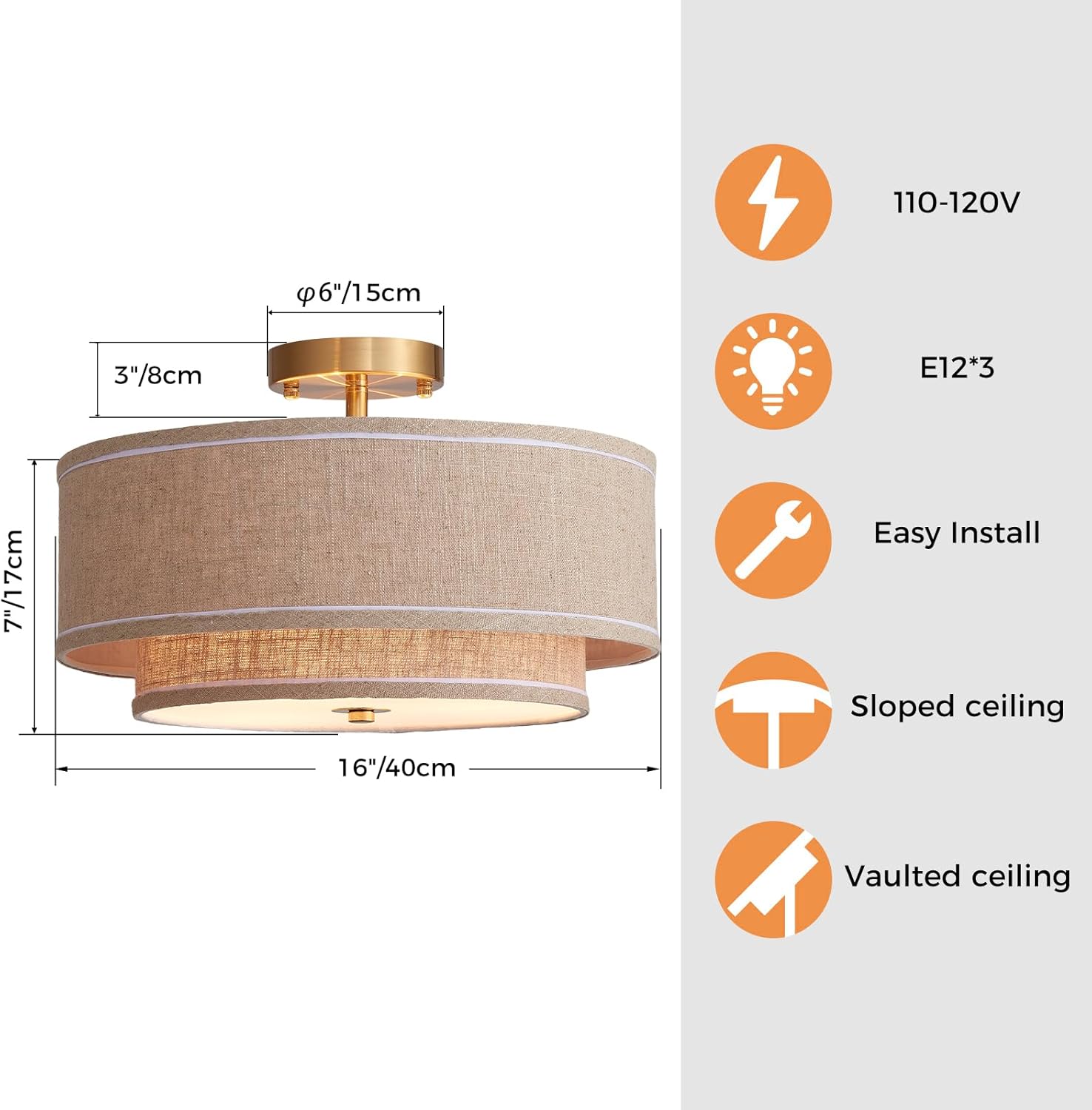 Shrine Lighting Double Drum Ceiling Light, Perfect Drum Light Fixture for Dining Room, D16'' x H7'', E12*3 Sockets, Beige Linen Fabric Lampshade & Gold Rod