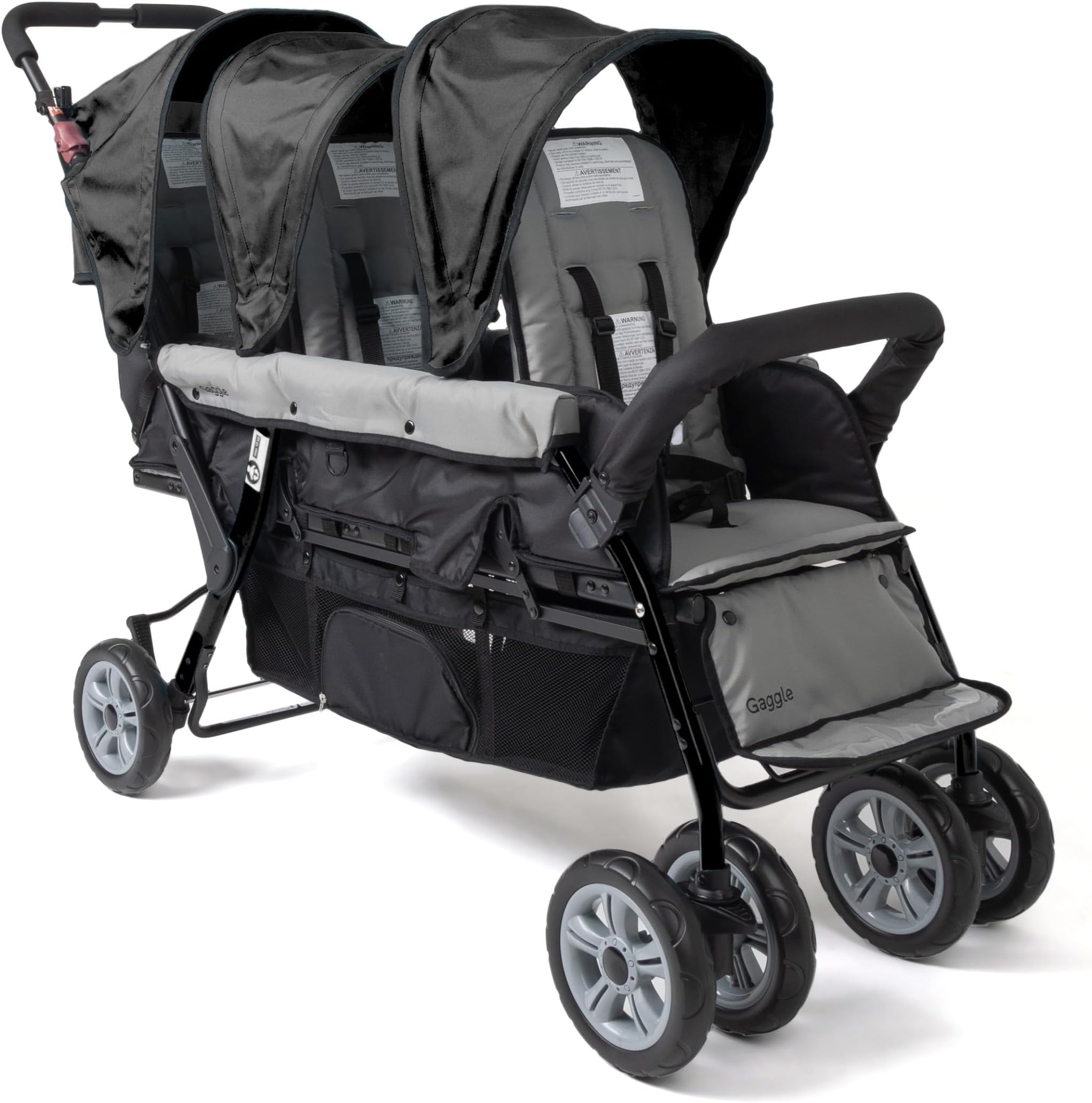 Gaggle by Foundations Compass 3 Seat Stroller | Triple Stroller for Infant and 2 Toddlers | Lightweight Tandem Triple Seater | Foot Brake | Shock-Absorbing All-Terrain Wheels | Easy Folding | Black