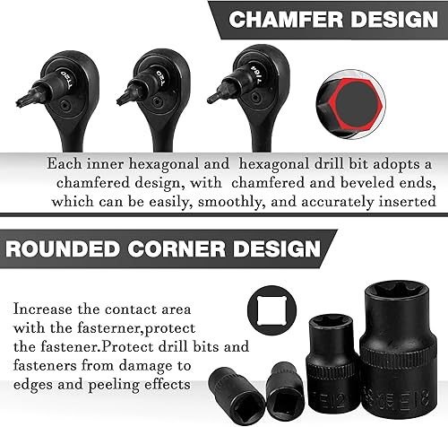 Miniatura 4 de EACELIY Juego de 107 piezas de dados de broca, 14 pulgadas, 38 y 12 pulgadas, TorxTorx extra largoa prueba de manipulaciones, hexagonal de extremo