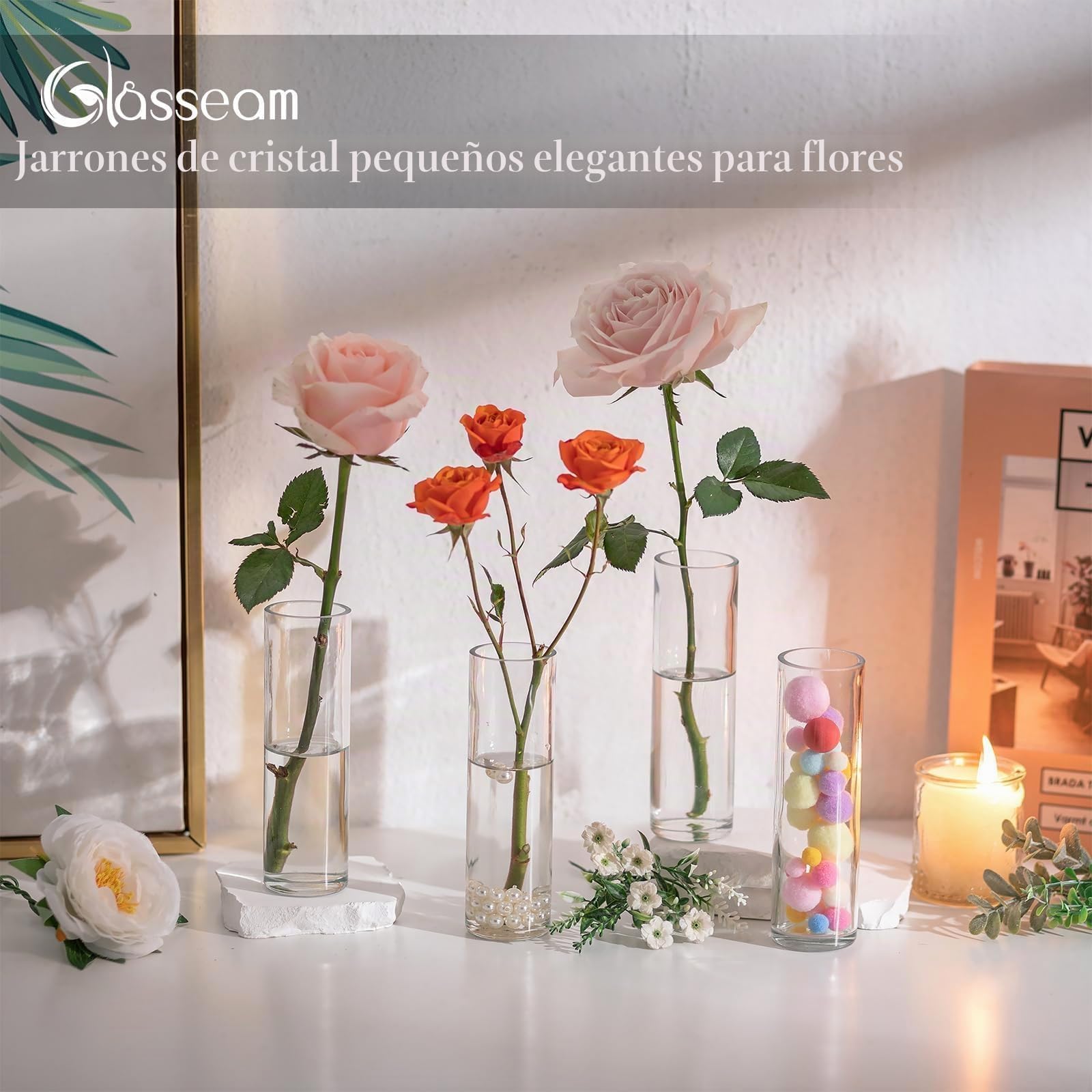 Glasseam Jarrón Cilíndrico de Cristal para Mesa: 24 Piezas de Pequeños Jarrones para Centro de Mesa de Boda Fiesta Decoración de Mesa en Casa - Jarrón Moderno Transparente para Rosas y Tulipanes