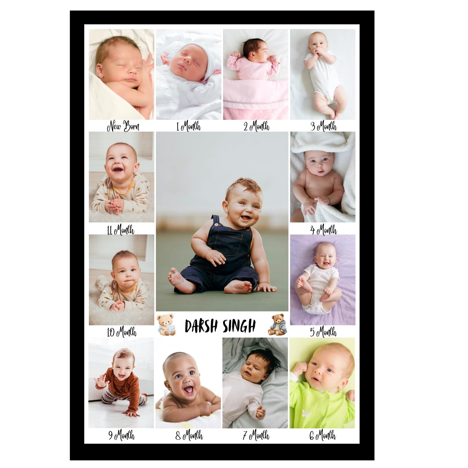 13x19 inch personalized baby first year photo frame | custom newborn to 12 month photo collage frame with name | baby growth journey memory frame | customized baby birthday gift for boys & girls