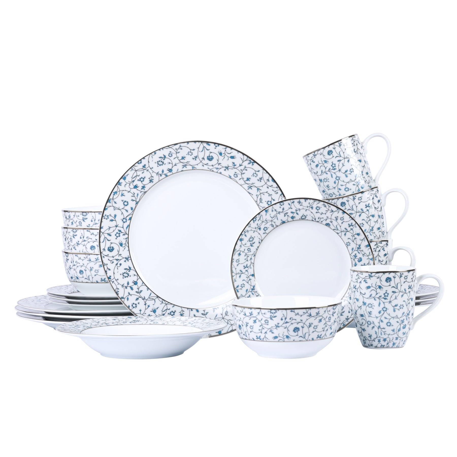 20 Pcs Porcelain Dinnerware Set for 4, Dinner Plates and Bowls Set with Mugs, Blue and White Floral Design, Hand-Gilded Rim, Chip and Scratch Resistant Dish Set, QOMO-1996