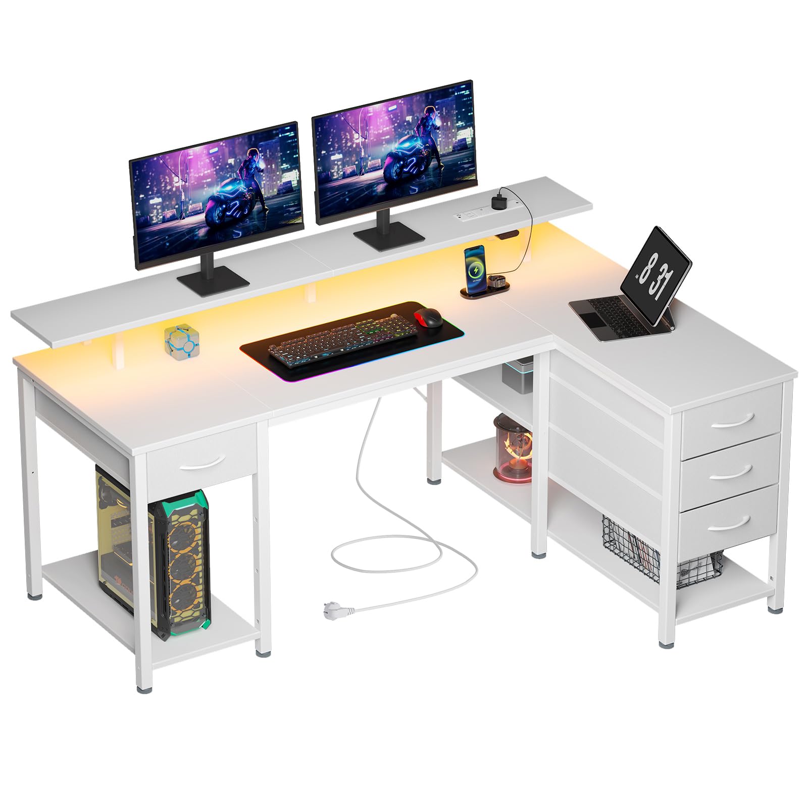 Seventable120cm L Shaped Computer Desk with LED Lights, USB Ports, Power Outlets, Monitor Stand & Storage Drawers(Reversible Design) – Modern Corner Desk for Bedroom or Home Office, White