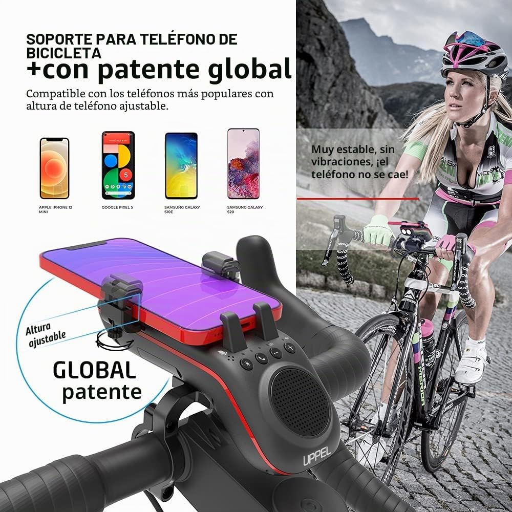 UPPEL Altavoz Bluetooth Bicicleta Portatil Bluetooth 5.1 + Altavoz + 5000mAh Banco de Energía + Luz para Bici +Timbre de Bici + Soporte Móvil Bici Llamadas sin Manos Tarjeta TF IP54 10 en 1 Diseño