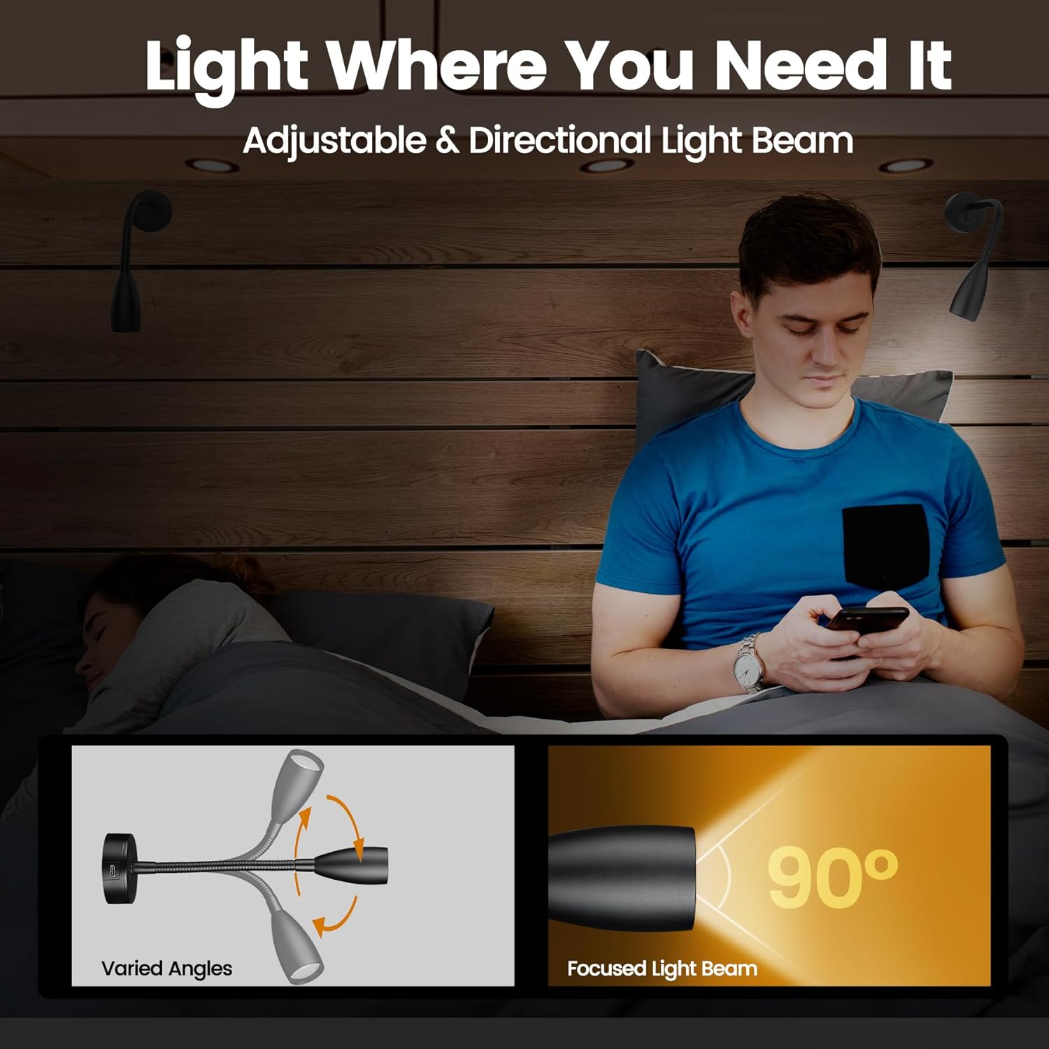 RV Reading Light, 12V LED Reading Light w/USB-C Charge Port, Red Night Light for Reading, Ideal for Camper Van Boat Bedside DC 12-24V Hard-Wired Wall Mount Long (Short)