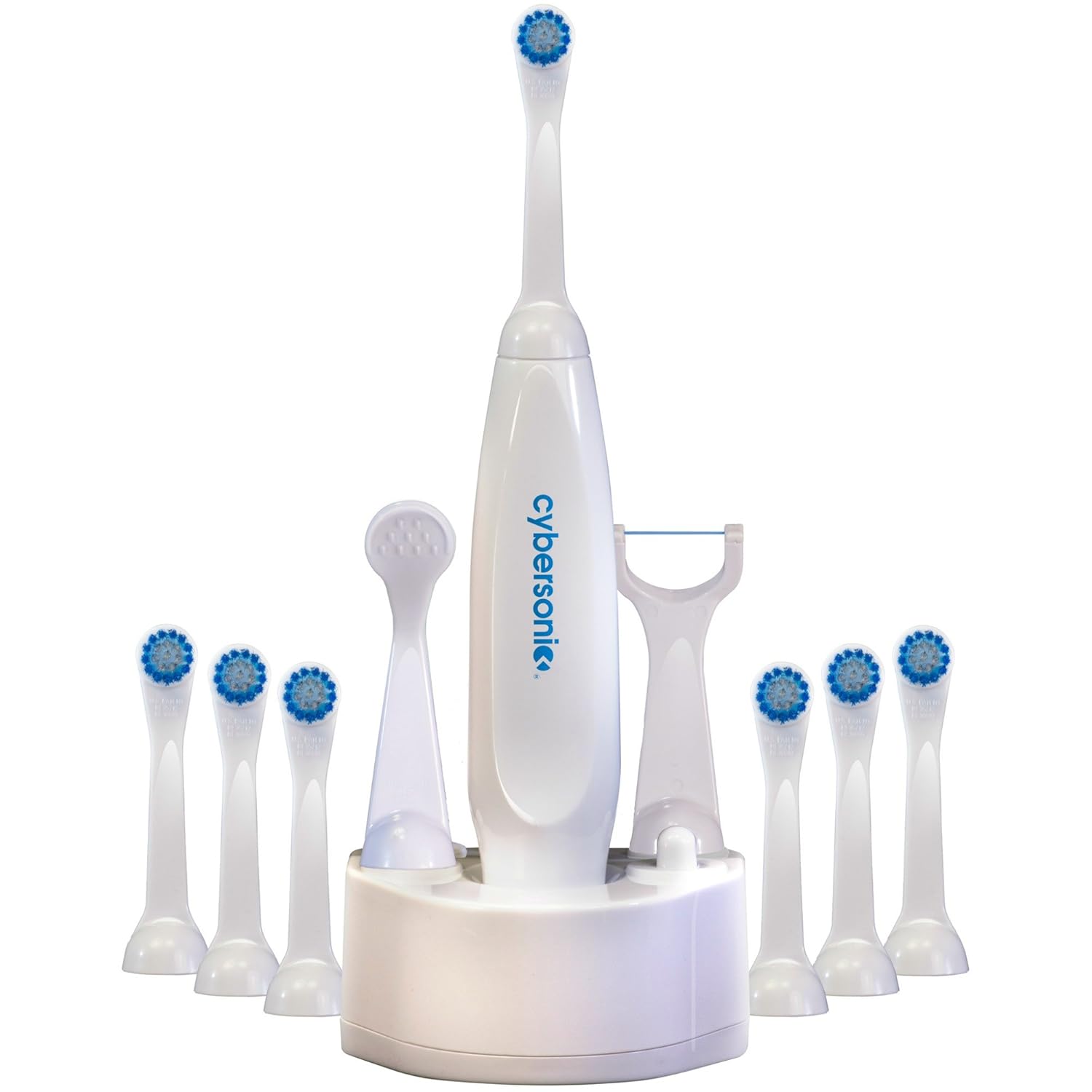 Cybersonic Classic Electric Toothbrush, Rechargable Power Toothbrush with Complete Dental Care Kit Including Tongue Scraper and Floss Heads + 6 Replacement Brush Heads