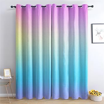 Ombre Blackout Curtains, Rainbow Bedroom Curtains & Living Room Curtains 90x90 Inch 2 Panels Set, Thermal Eyelet Drapes Decorative Patterned Window Treatments 90 Drop Wj-&344