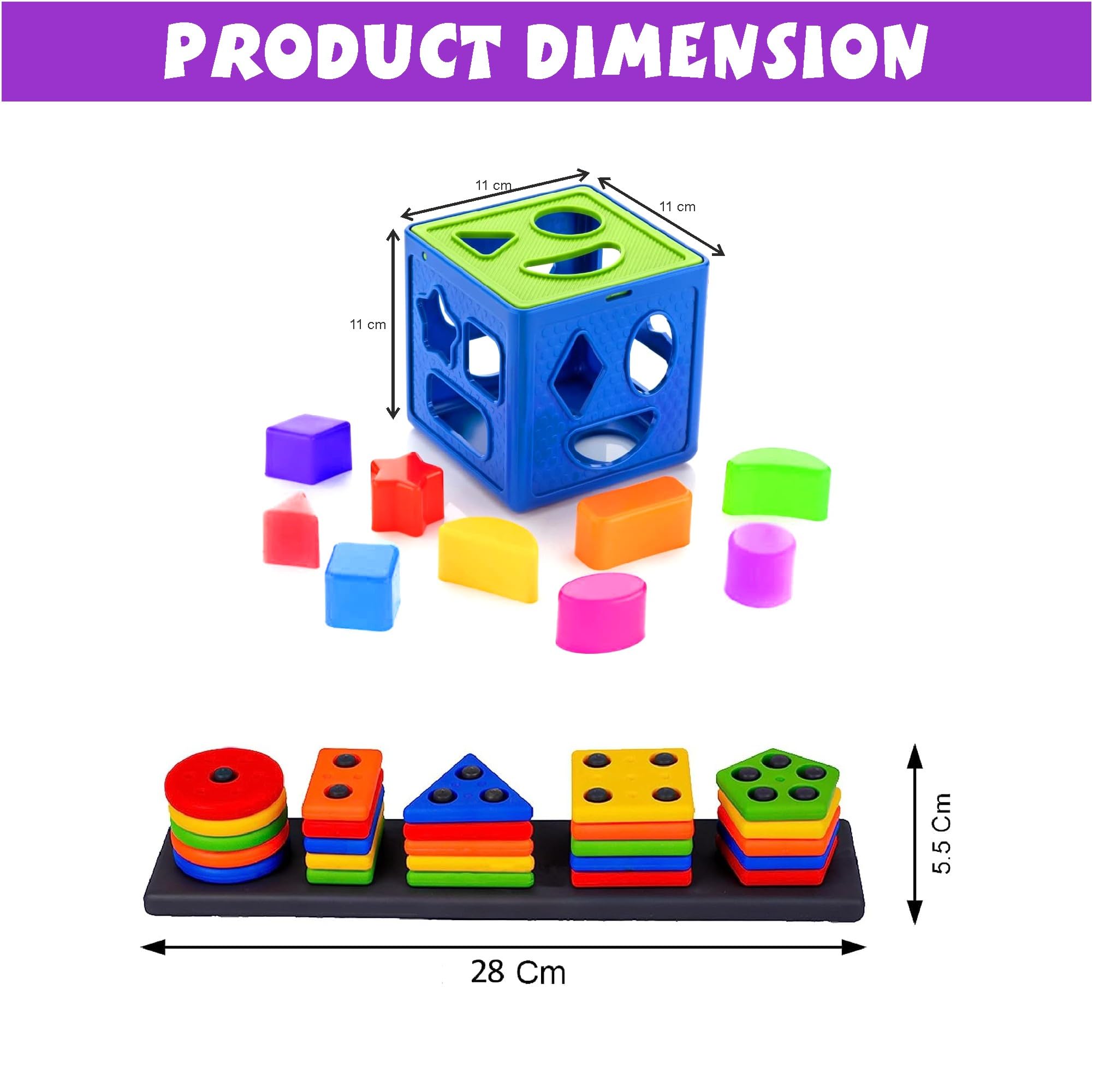 RAINBOW RIDERS Buy 1 Get 1 Combo (Plastic Shape Sorter Cube Block 9 Pcs Toy + Long Shape Stacker Puzzle Game) Multicolor Baby Activity Toys for Boys Girls 3,4,5,6+ Years 4