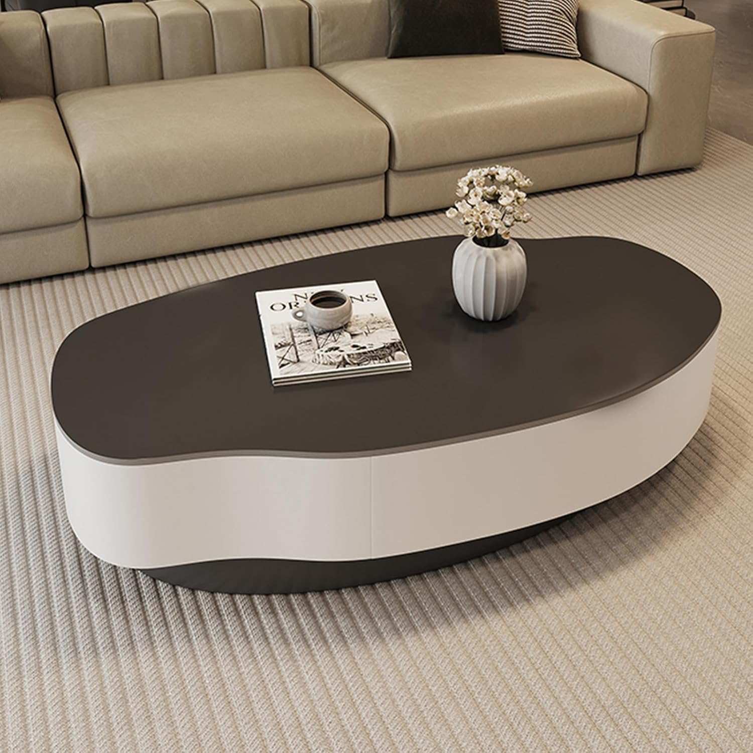 Modern Oval Coffee Table with Faux Marble Veneer Top, White Pedestal Base, Built-in Storage, Living Room Furniture, 47.2 Inches (Black and White, 100 * 50 * 33cm)