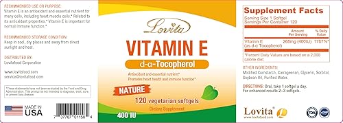 Vista 13 de Lovita Cápsulas blandas de vitamina E de 400 UI, vitamina E natural de 268 mg (como D alfa tocoferol), vitamina E vegana para una piel, cabello