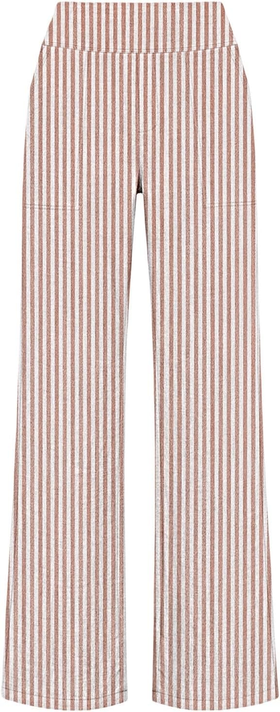 Women's Wide Leg Striped Pants High Waist Spring Summer Business Casual Work Slacks Lounge Trousers with Pockets