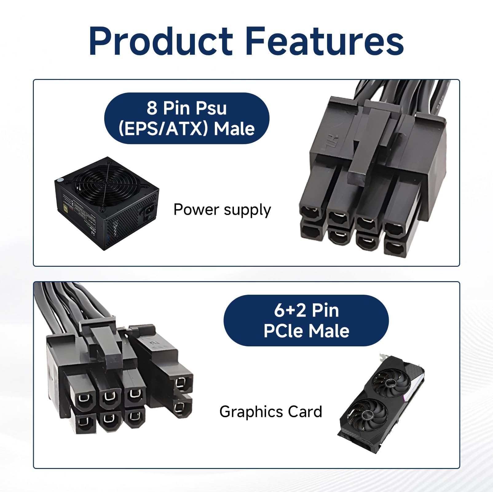 8-pinowy kabel zasilający PCI Express do karty graficznej, kompatybilny z zasilaczami Corsair AX1600i typu 3 i typu 4, kabel EPS 8-pinowy/ATX męski do PCIe 6+2 pinów, męski 60 cm