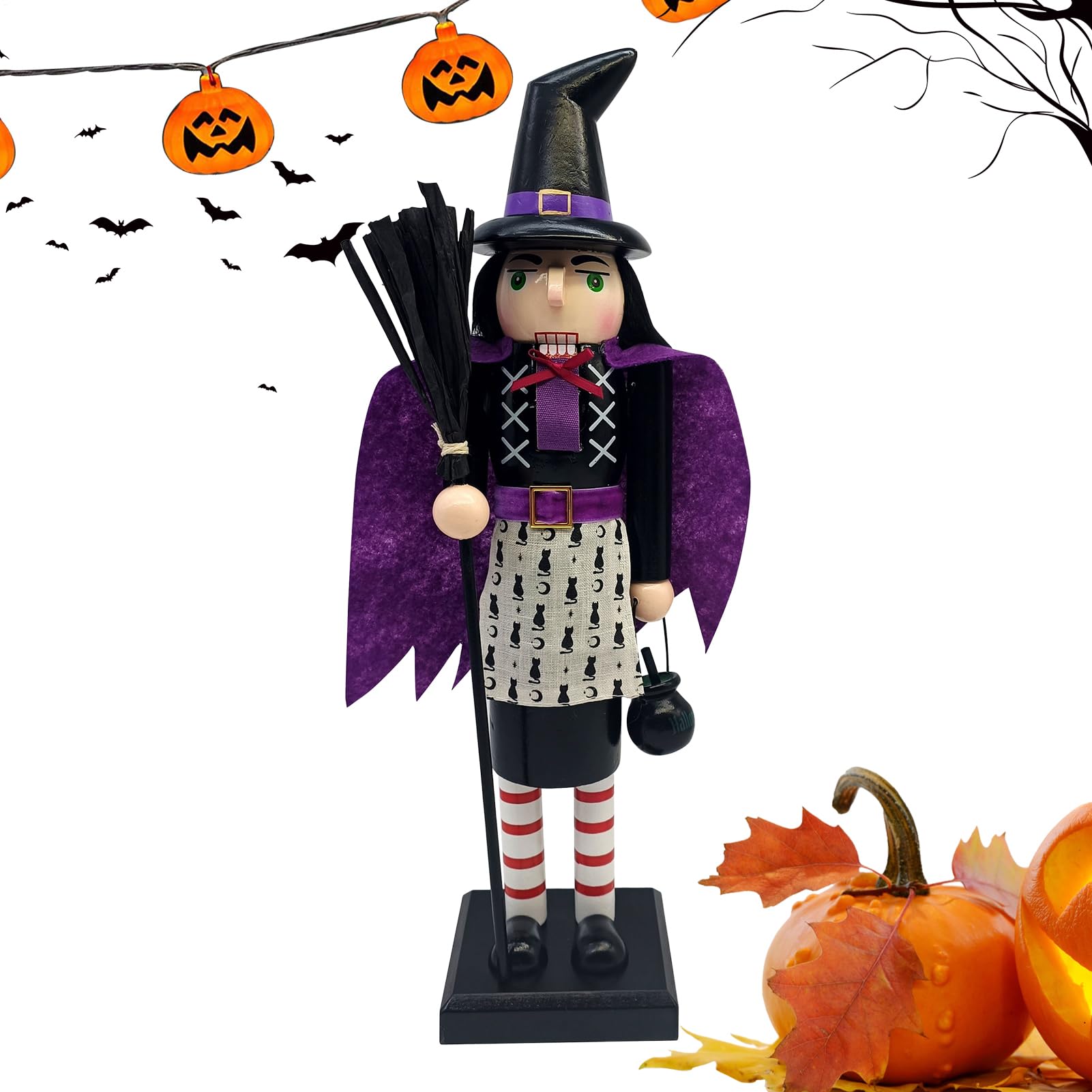 Casse-Noisette Halloween en Bois 35 cm Chat Noir Sorcière