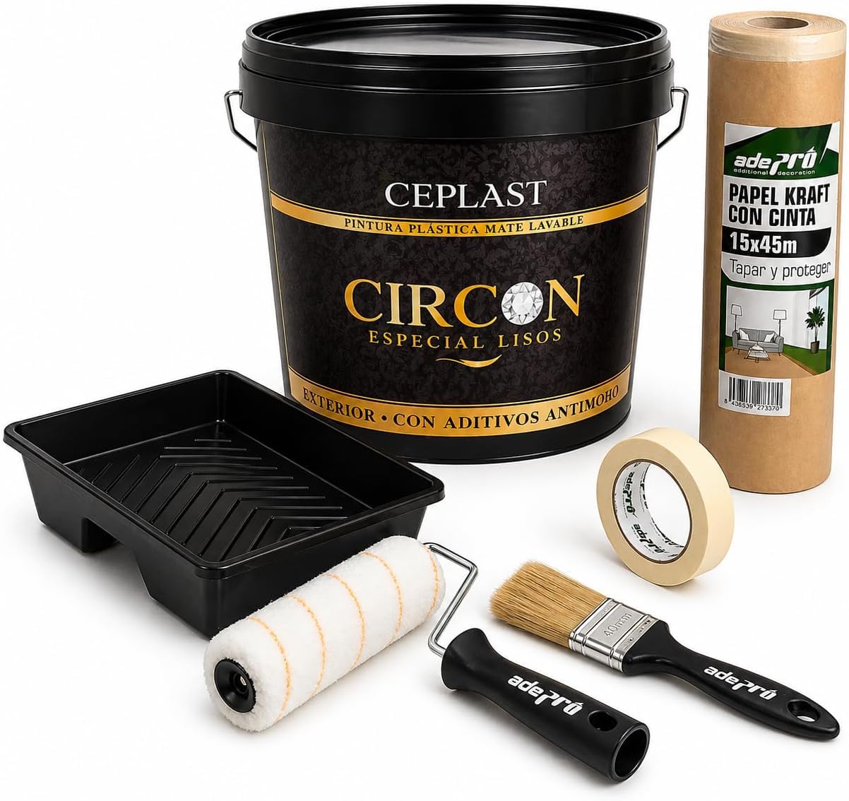 Kit Pintura Antimoho y Antihumedad Interior/Exterior Acabado Seda – Alta Cobertura, Sin Olor, Base Agua – Incluye Rodillo, Cubeta, Paletina 40mm, Cinta y Papel Kraft – Pintura Blanca Profesional
