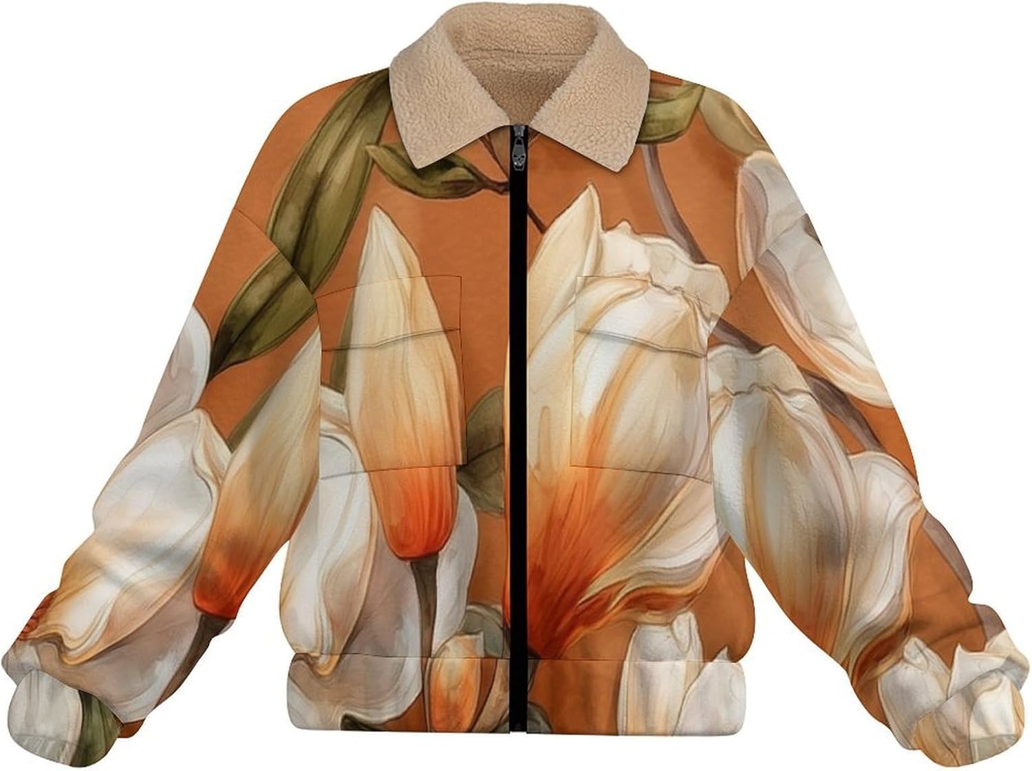Women's Full Zip Soft Polar Fleece Jacket, Magnolia Printed Outdoor Recreation Coat, Long Sleeve Outerwear