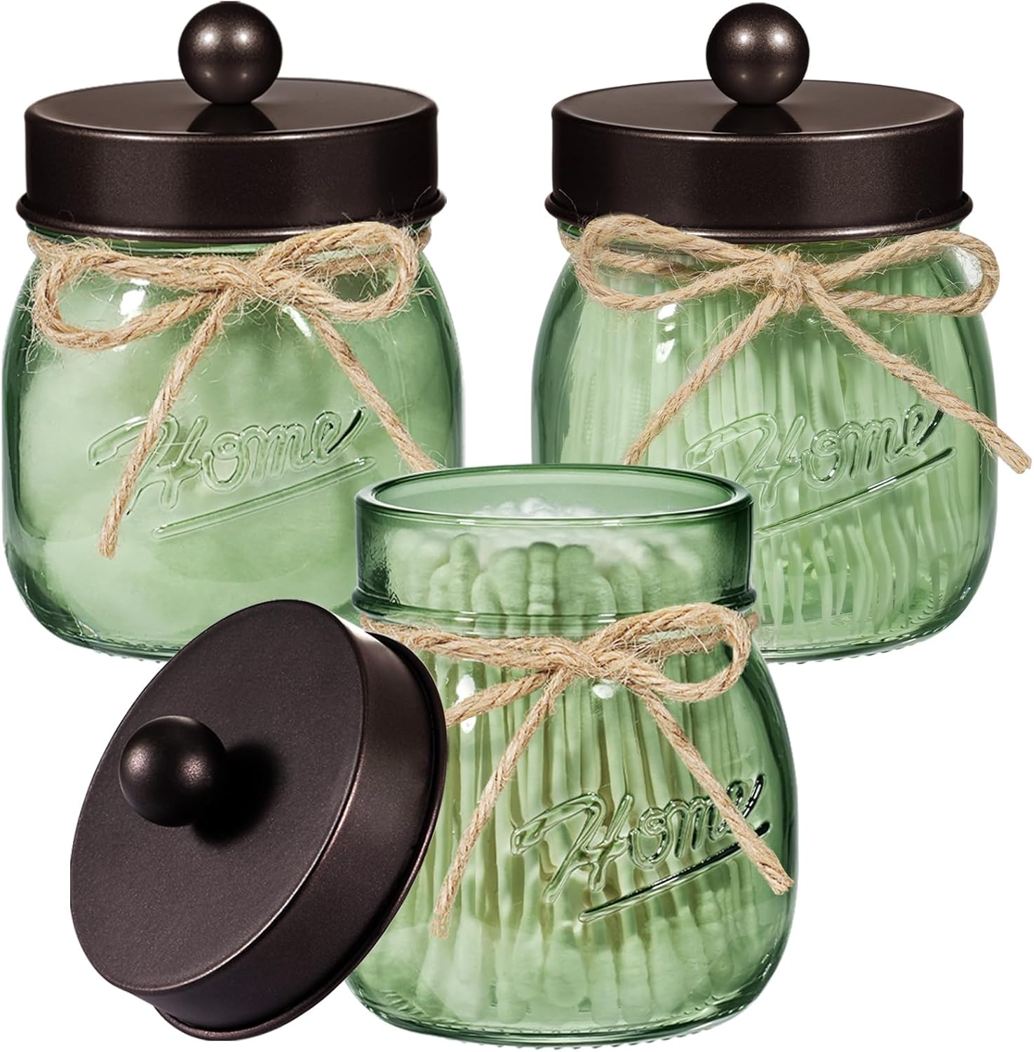 SheeChung Mason Jar Bathroom Accessories Set, Soap Dispenser and Toothbrush Holder Set & 3Pcs Green Glass Qtip Holder Dispenser, Bathroom Canisters, Rustic Farmhouse Decor