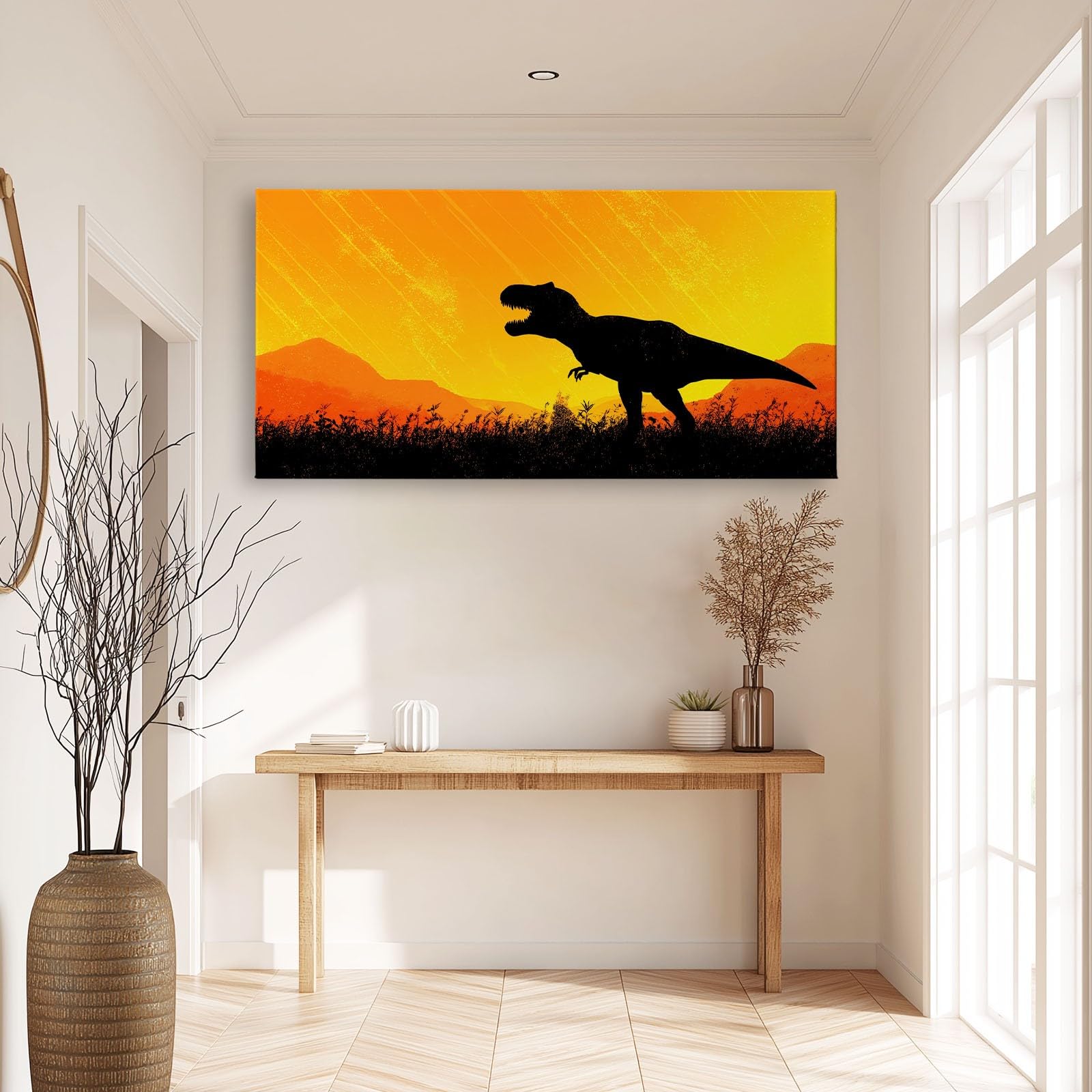 Generisch Gelb Afrikanisch Traditionell Dinosaurier Modernes Leinwandbild 140L x 70B cm mit Rahmen, Cartoon XXL Wanddeko für Wohnzimmer Geschenk Idee Einzug - Hochwertiger Kunstdruck auf Holzrahmen