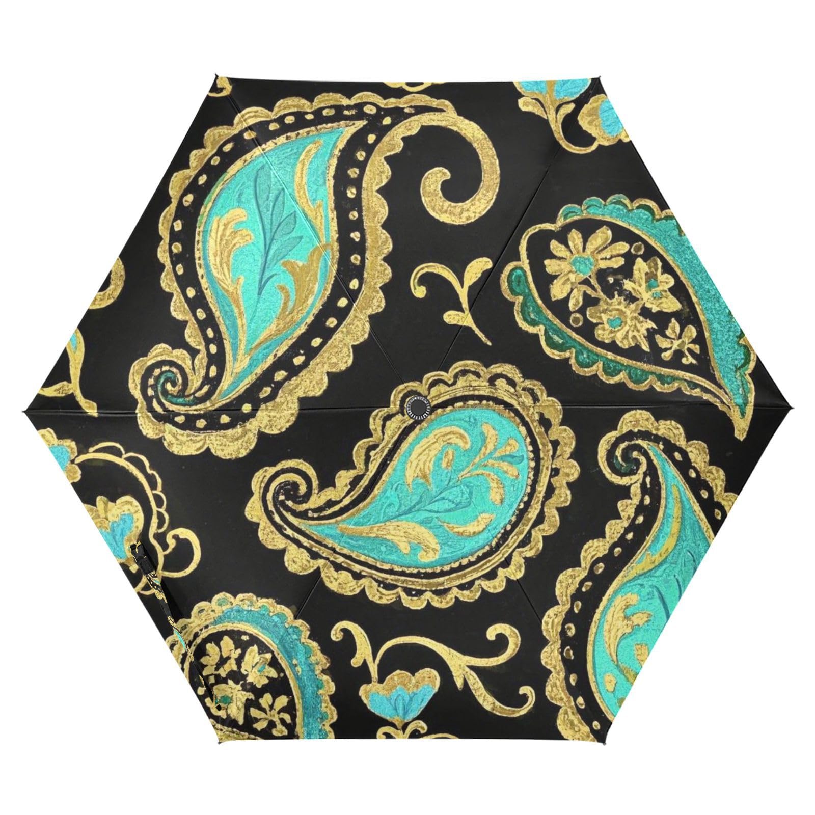 Retro Fashion Flower Paisley Gold Cyan compact umbrella 39 Inch with patterned case auto open close Umbrella For Golf for Good for Car, Golf, and On-the-Go Outdoor Defence Accessories lluvia