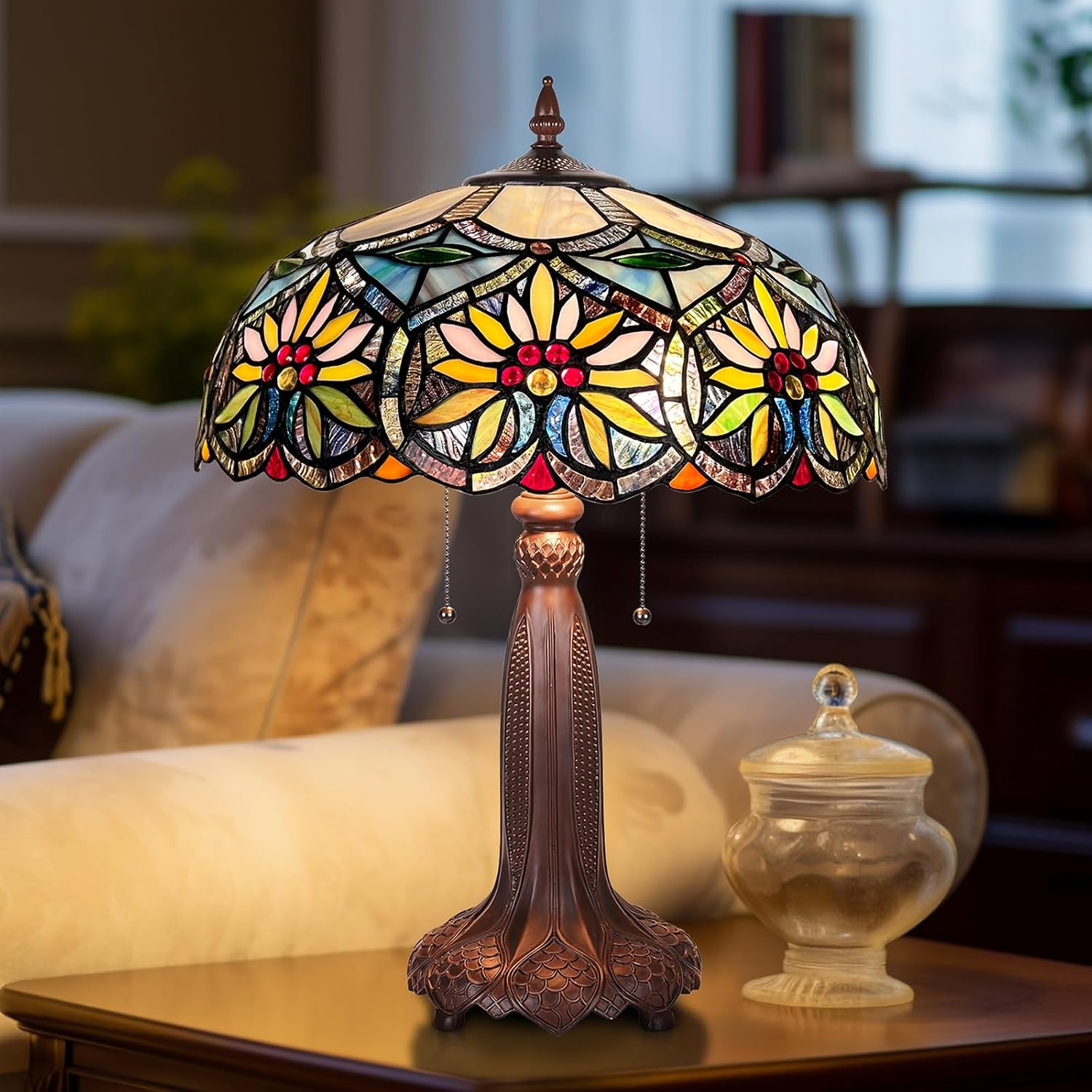 Capulina Tiffany Lamp Stained Glass Table Lamp 2-Light 16X16X24 Inches Gorgeous Grape Sunflower Tiffany Style Desk Lamp for Bedrooms Living Room Study Home Office