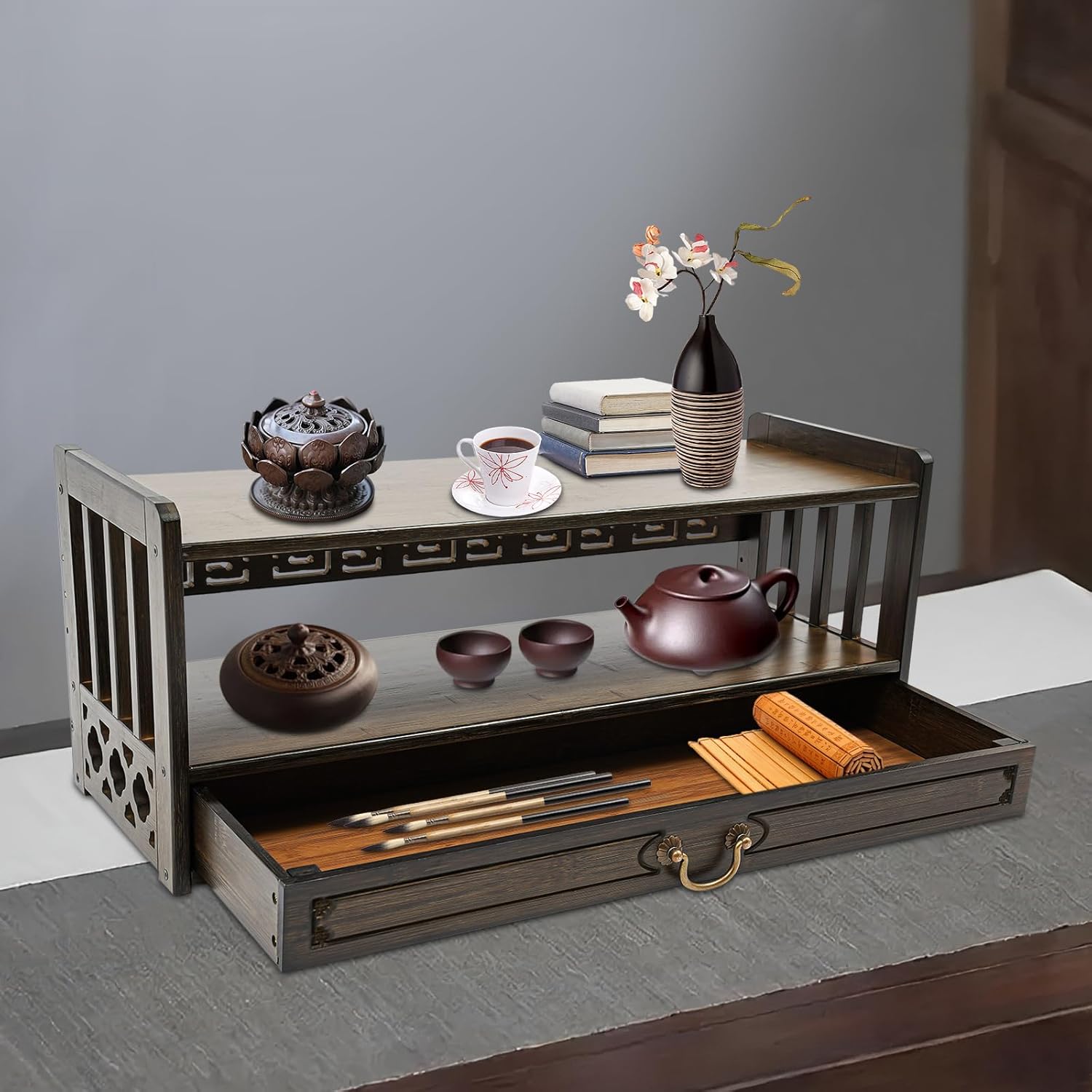 Altar Table Meditation Table with 1 Drawer Coffee Table for Sitting Multi-Purpose Display Desk (Walnut Color, 69 * 25 * 28cm/27.2 * 9.8 * 11in)