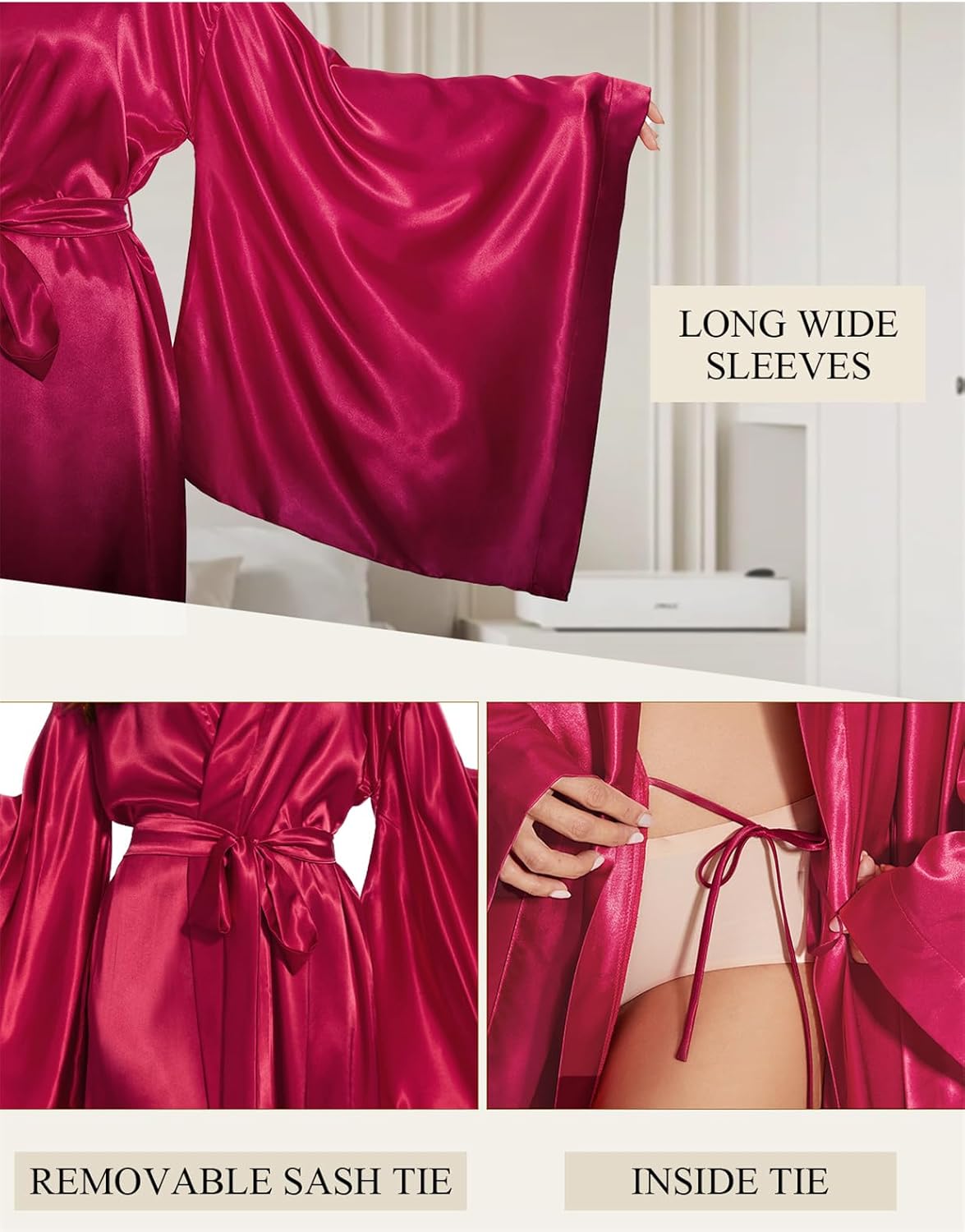 BATHGOWN Women's Silk Kimono Long Robe Satin Bridesmaid Wedding Sleepwear Beach Blouses Bikini Cover Up Plus Size - Image 4