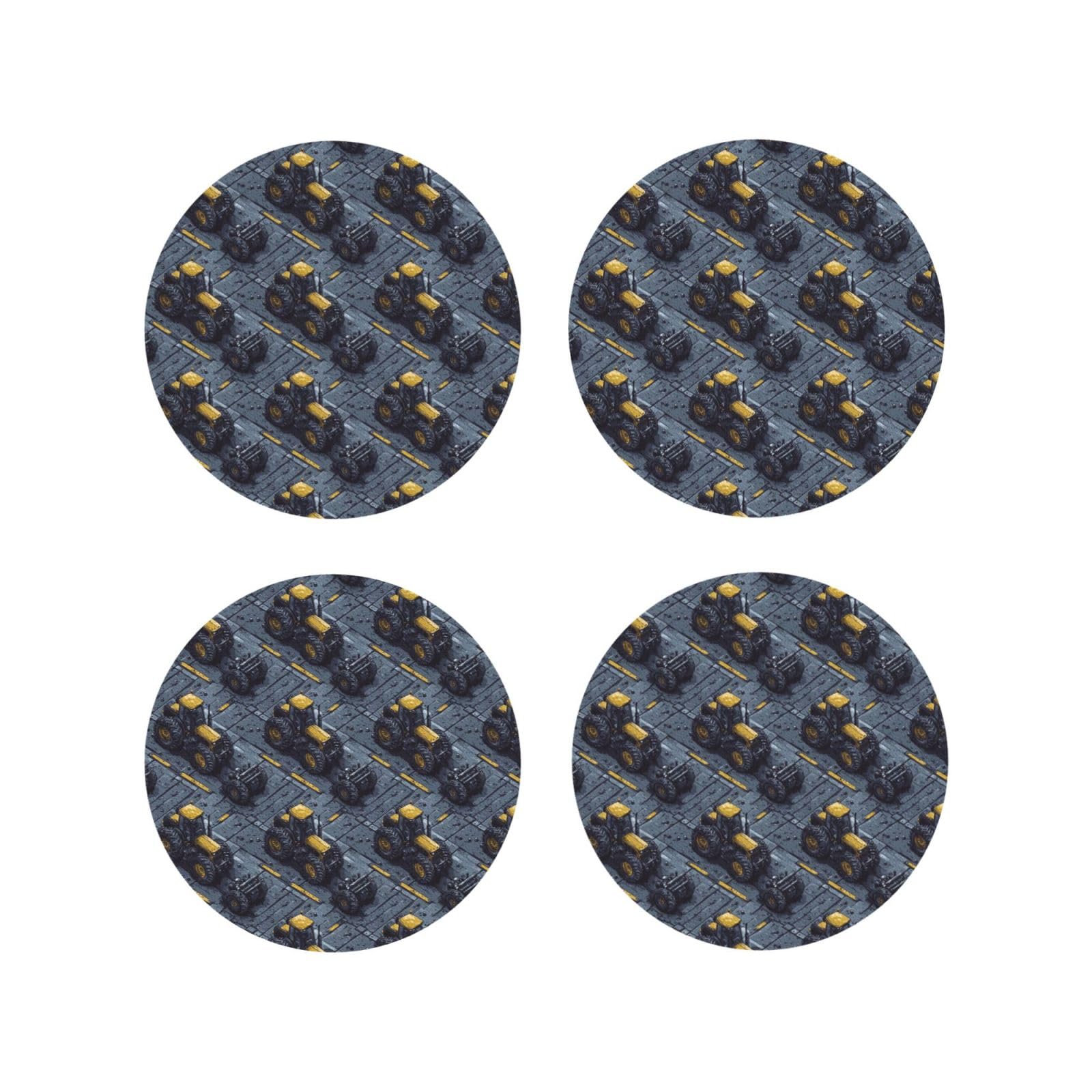 Leather Coasters Set of 4 - Classic Yellow Tractor Print Lightweight Drink Coasters for Desk