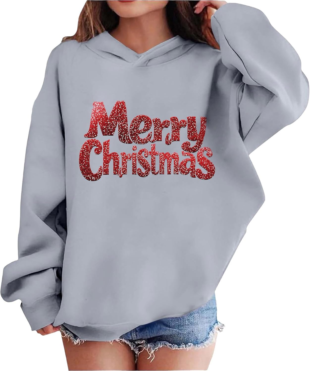 Girls Christmas Hoodie Glitter Merry Christmas Long Sleeve Pullover Sweatshirt Fleece Lined Warm Holiday Top Kids