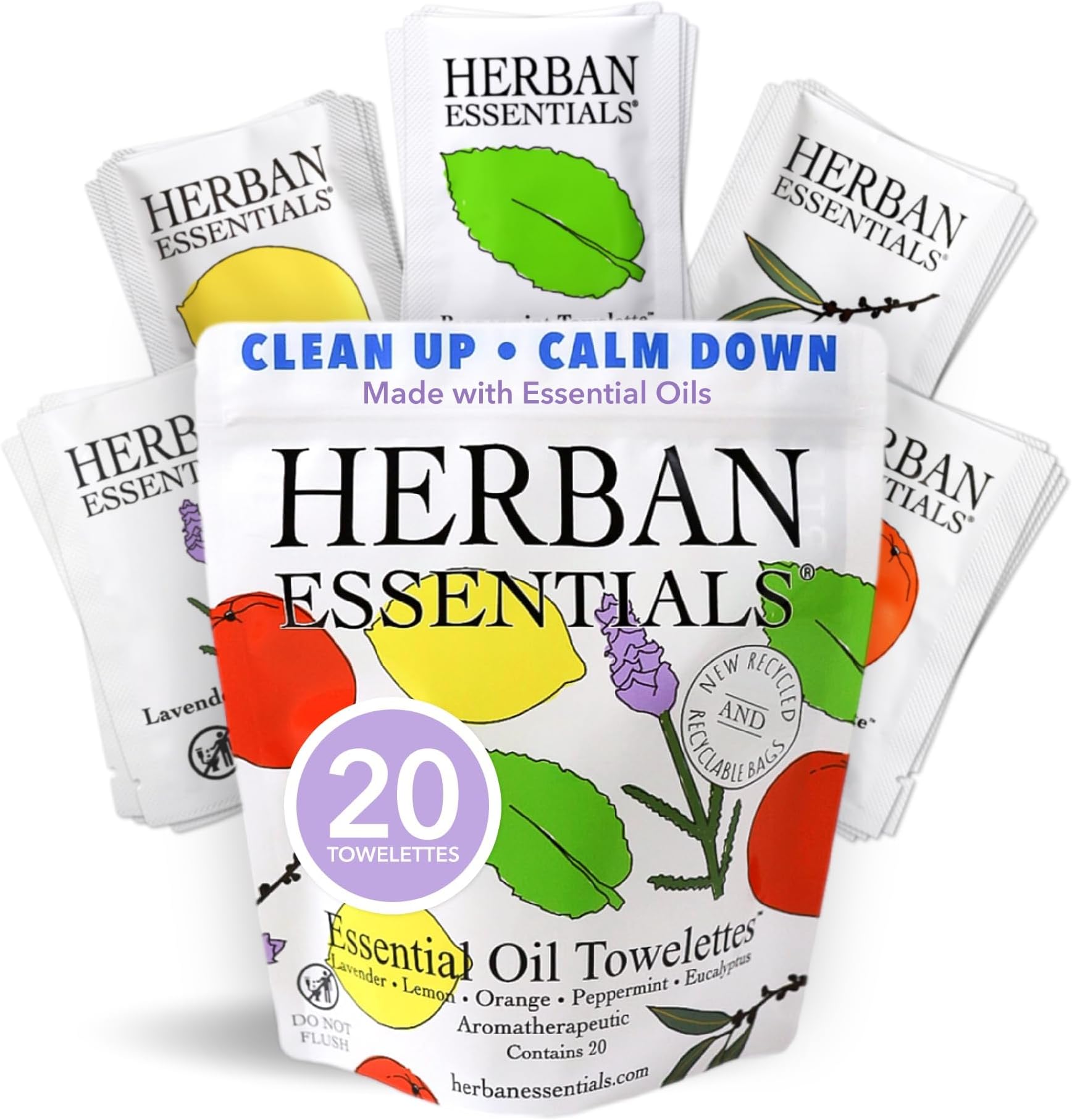 Herban EssentialsAssorted Wipes & Towelettes - Essential Oil Wipes for Hands, Face and Body - Travel Size Essentials and Toiletries - Natural, Individually Wrapped, Disposable and Moist (20 count)