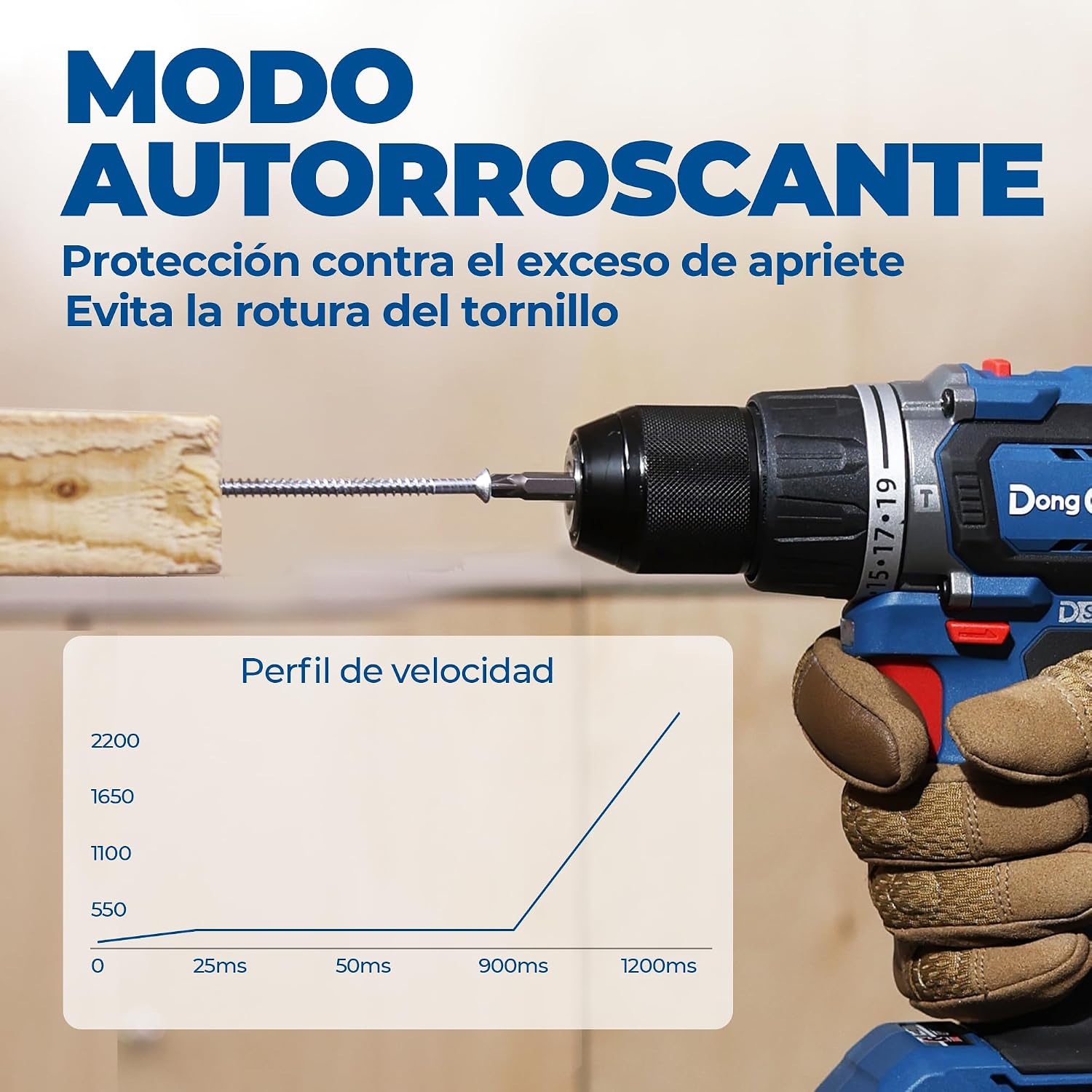 Auto-threading mode illustration with a screw being driven into wood and a speed profile graph