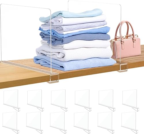 Paquete de 12 separadores acrílicos para estantes de armario, organizador resistente para ropa, bolsos, suéteres y toallas, solución de