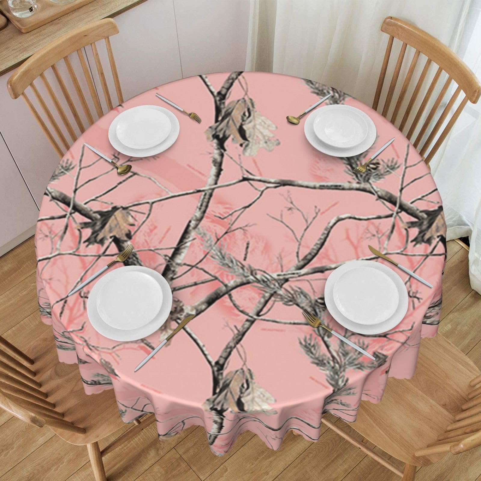 DCEHGEW 60 In Round Tablecloth with Lace, Pink leaves Camouflage Printed Oilproof & Washable Fabric Picnic Table Cloth Table Covers