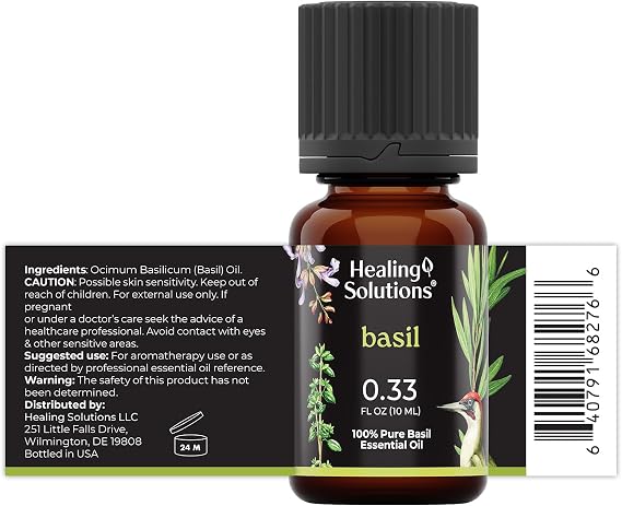 Healing Solutions Basil Essential Oil - 0.33 Fluid Ounces | Therapeutic grade Essential Oil for Stress Relief, Mood Support, Aromatherapy, and more