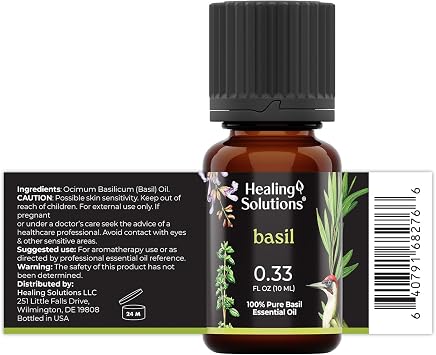 Healing Solutions Basil Essential Oil - 0.33 Fluid Ounces | Therapeutic grade Essential Oil for Stress Relief, Mood Support, Aromatherapy, and more