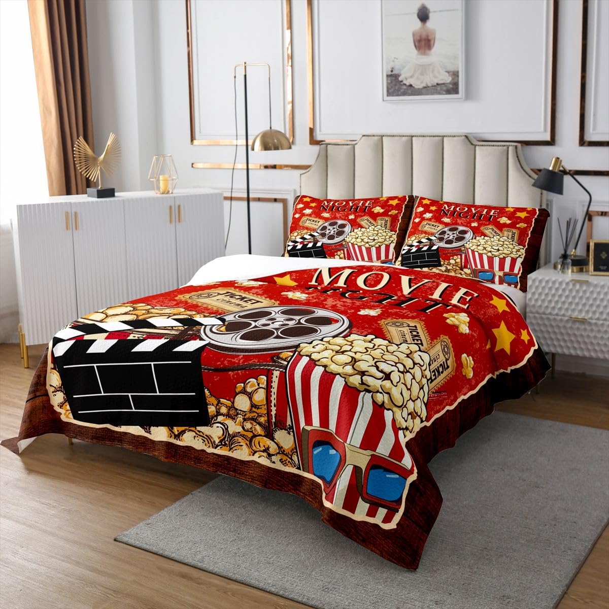 jejeloiu Movie Theme Bedspread Quilts Popcorn Print Coverlet Set Queen Size for Kids Boys Girls Vintage Cinema Style Quilted Coverlet for All Season with 2 Pillowcases Microfiber