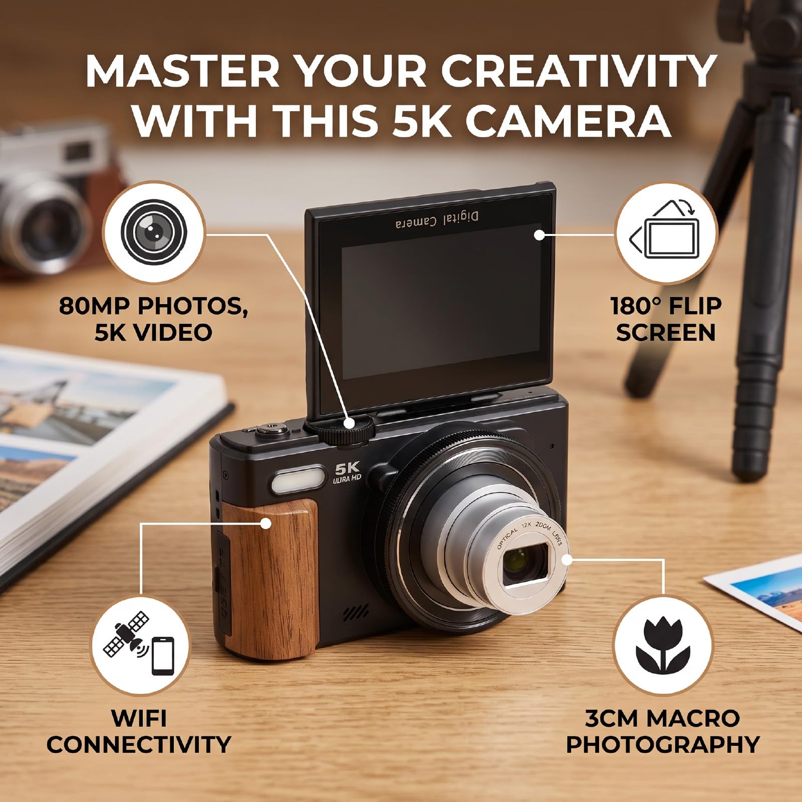 Sxhlseller Fotocamera Digitale 5K 80MP WiFi Zoom Ottico 12X Autofocus Retro Mirrorless