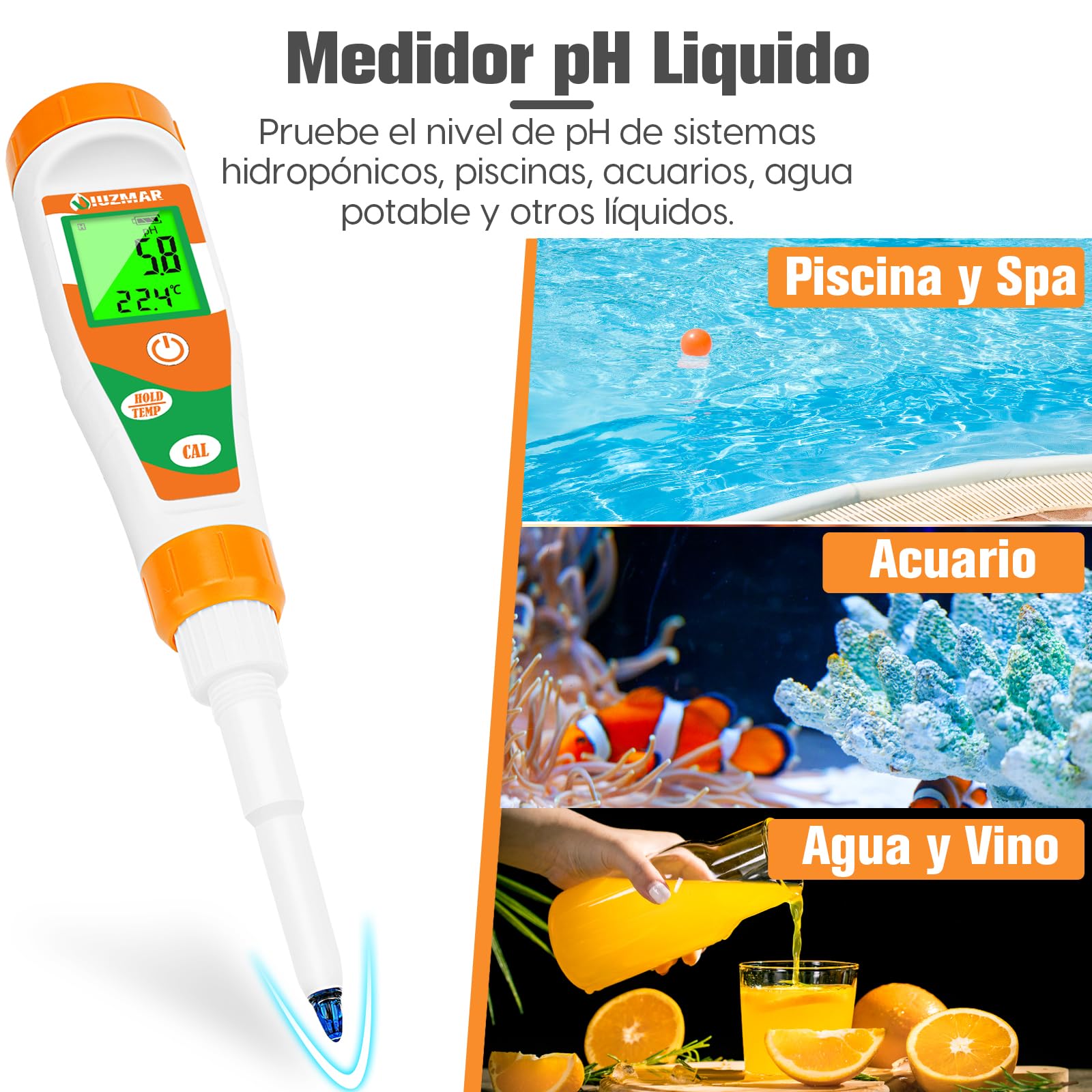 UIUZMAR Medidor de pH Alimentos, phmetro Semisolidos y Liquido, Medidor de pH para Fermentos, Pan, Masa Madre, Cosmetica, Queso, Arroz, Kombucha, Piscina, Acuario, Hidroponía, Agua Potable