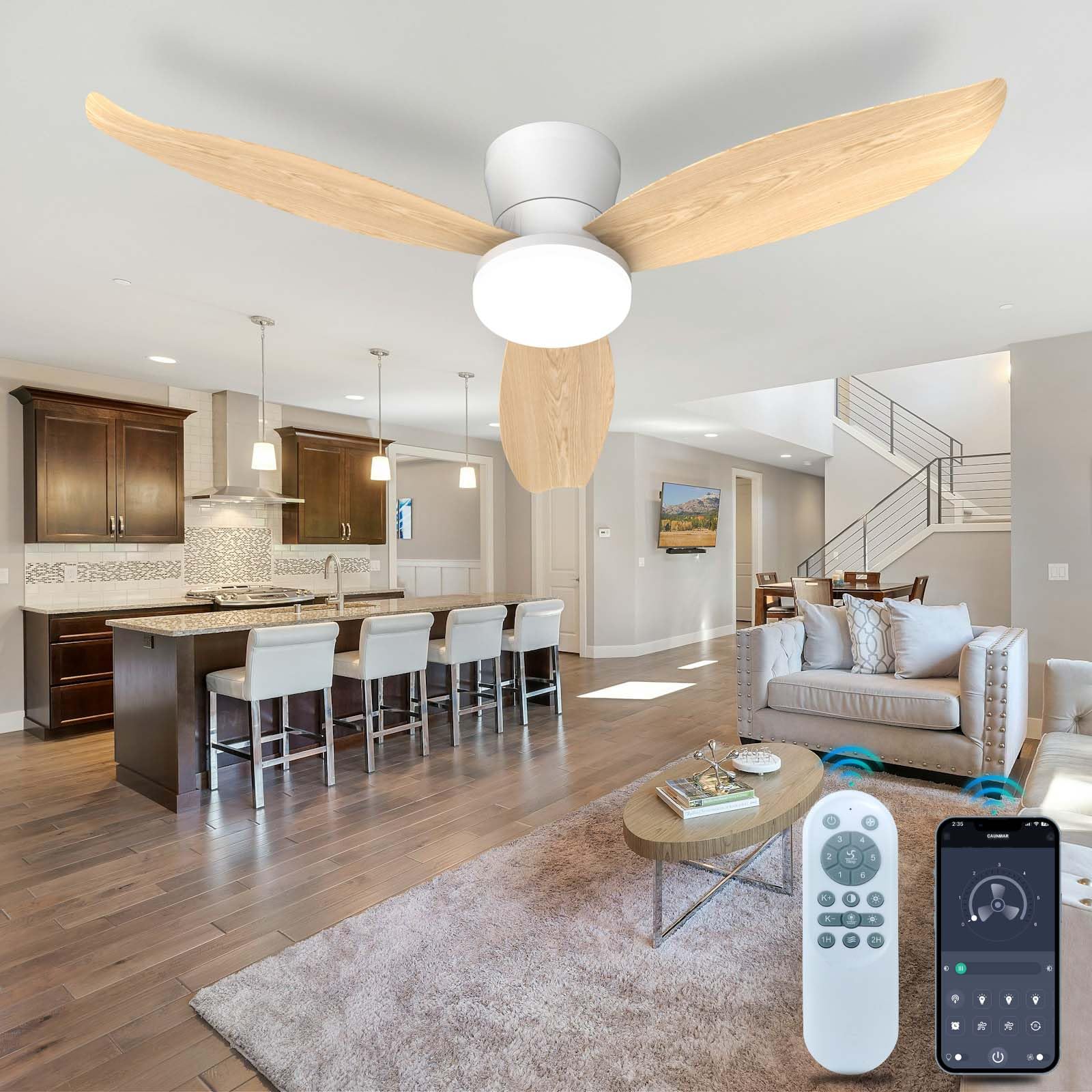 Ventilateur Plafond Avec Lumiere Silencieux Et Telecommande, 24W Plafonnier Led Ventilateur Dimmable, Silencieux Avec Lumière 6 Vitesses Avec Minuterie-Wood grain color||106CM