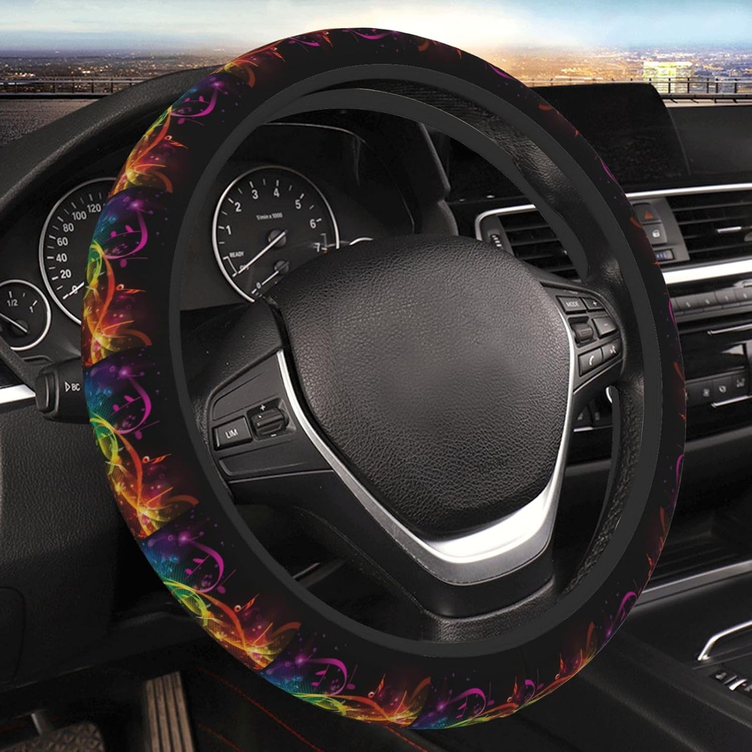 Steering Wheel Cover Elastic Steering Wheel Protector Colorful Music Notes1 Stretch Steering Wheel Cover for Car Universal 15 Inch Steering Wheel Decoration Protector Car Interior Accessories