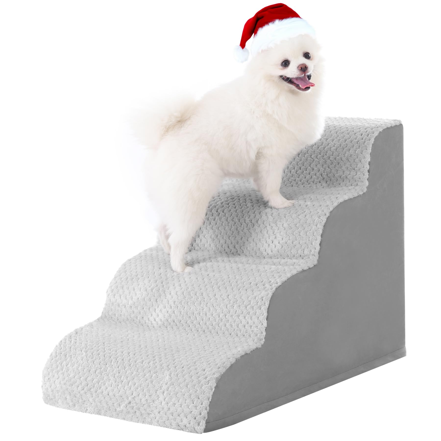 MIHIKK Dog Stairs Ramp, Curved 4-Step Dog Steps for Small Dogs and Cats, Pet Stairs for High Beds and Couch with Anti-Slip Washable Cover and Durable High Density Foam, Grey