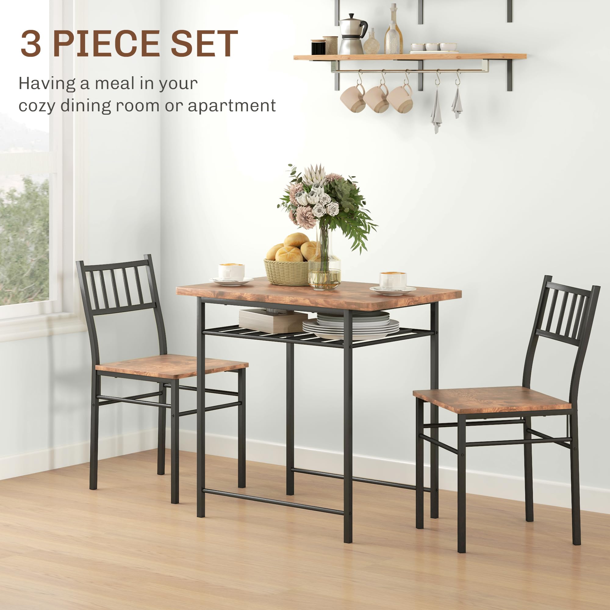 Juego de mesa de comedor de 3 piezas para 2, mesa de cocina pequeña y sillas con estante de almacenamiento integrado y marco de acero, para rincón de desayuno y espacio pequeño, marrón rústico 4