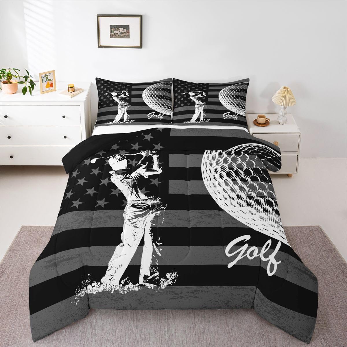Feelyou Golf Comforter Set King Size Sports Golfing Bedding Set for Kids Boys Girls American Flag Duvet Quilt Bedroom Decor Microfiber 3 Pcs with 2 Pillow Cases