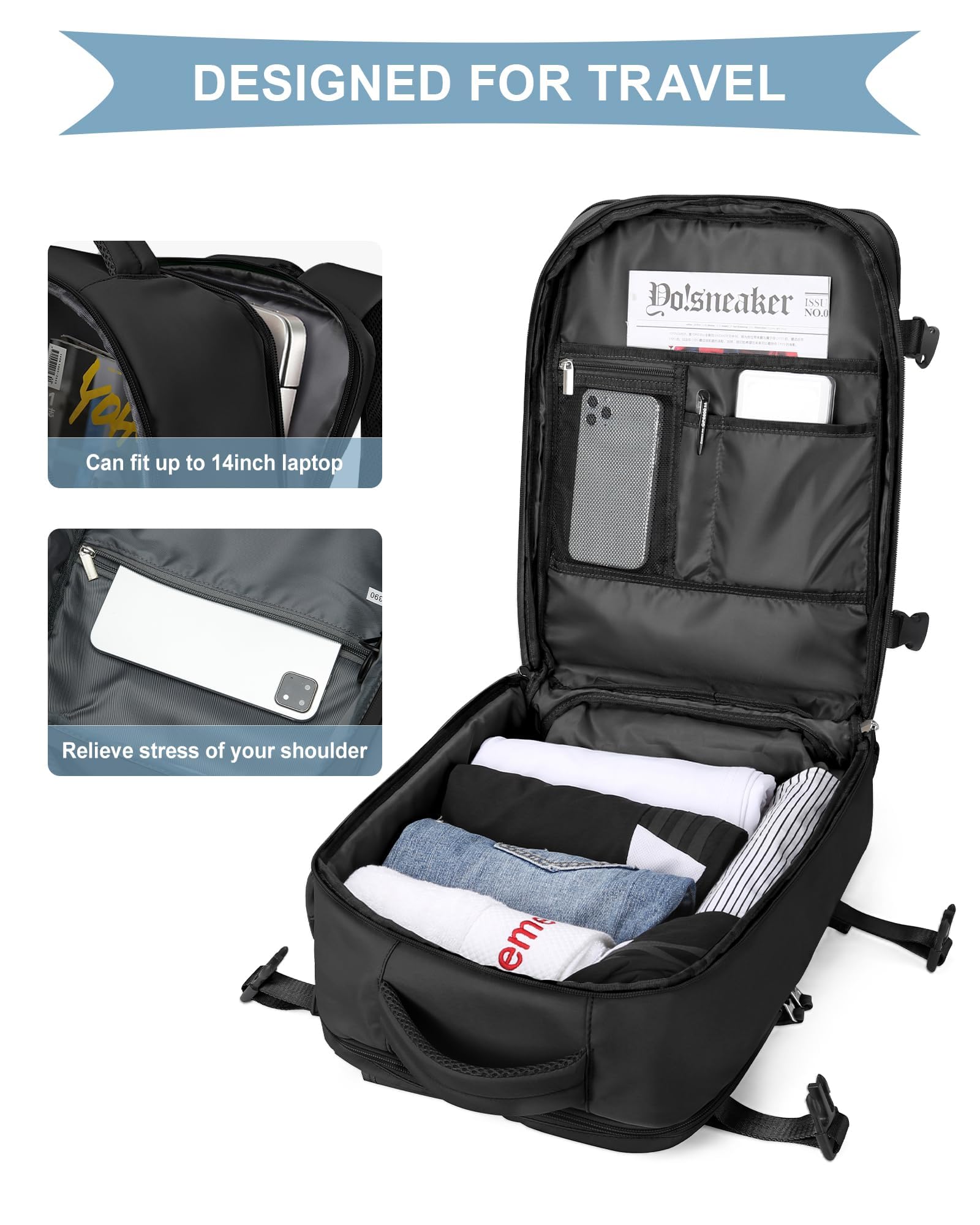 SZLX Zaino Ryanair 40x30x20 Sottovuoto Bagaglio a Mano 40x20x25 Donna Zaino da Viaggio 40x30x20 Wizzair Borse da Cabina per Easyjet 45x36x20 Uomo per Laptop 14 Pollici con Porta USB e Porta Scarpe