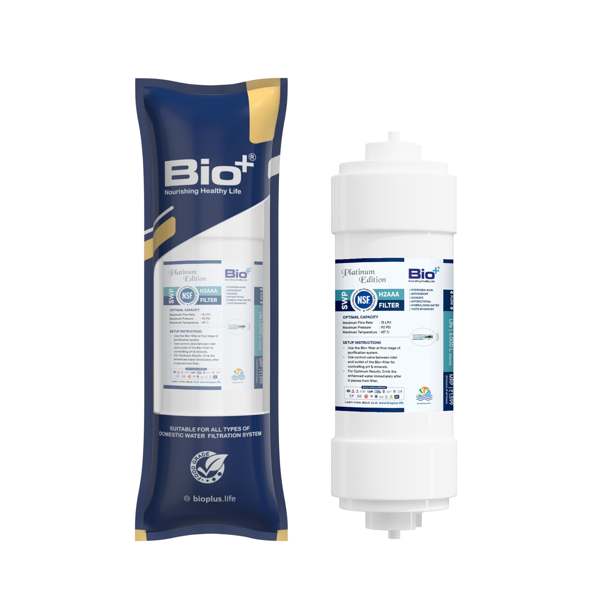 Bioplus 8" x 2.5" Alkaline and Mineral Water Filter Cartridge for Ro Water Purifier with antioxidant | White