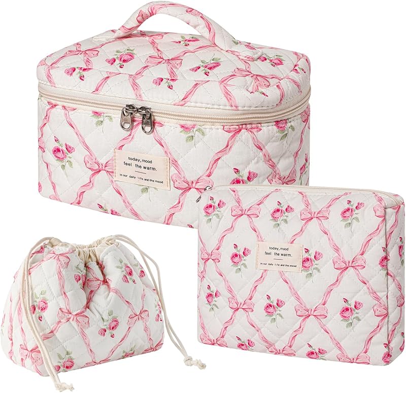Conjunto com 3 necessaires acolchoadas uekeboag com laço rosa