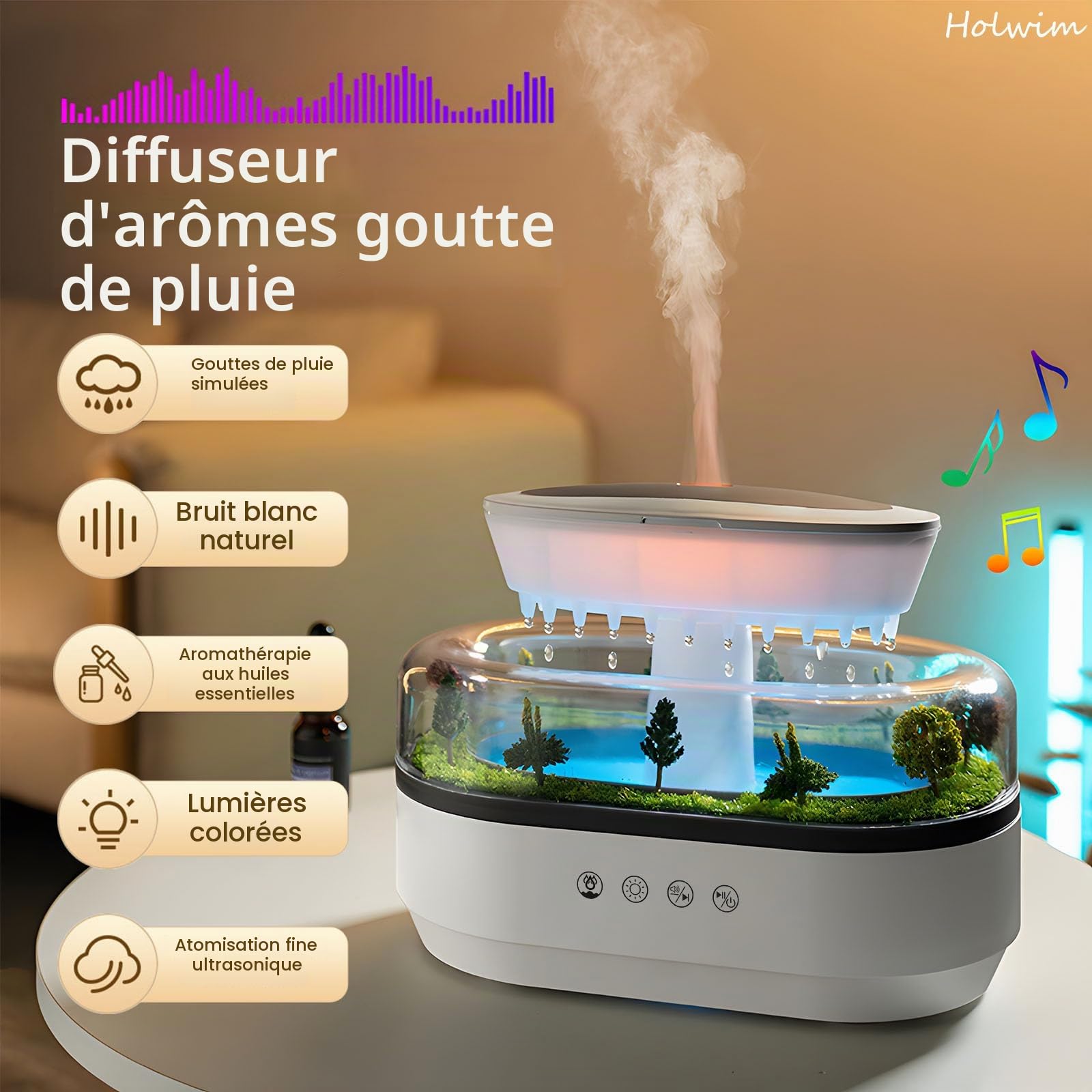 Diffuseur d'arômes avec veilleuse 7 Couleurs, humidificateur Rain Cloud 250 ML, diffuseur d'huiles essentielles avec Lampe Champignon Goutte d'eau, Bruit Blanc (Blanc)